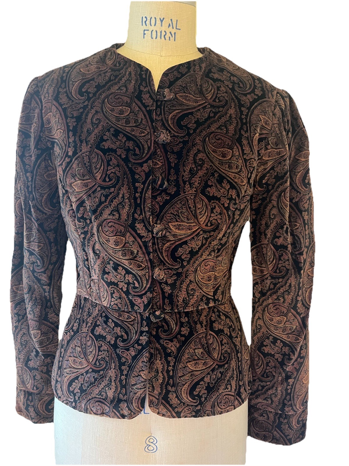 Vtg 1980s Velveteen Paisley Puff Sleeve Jacket Peplum Steampunk Victorian B 37