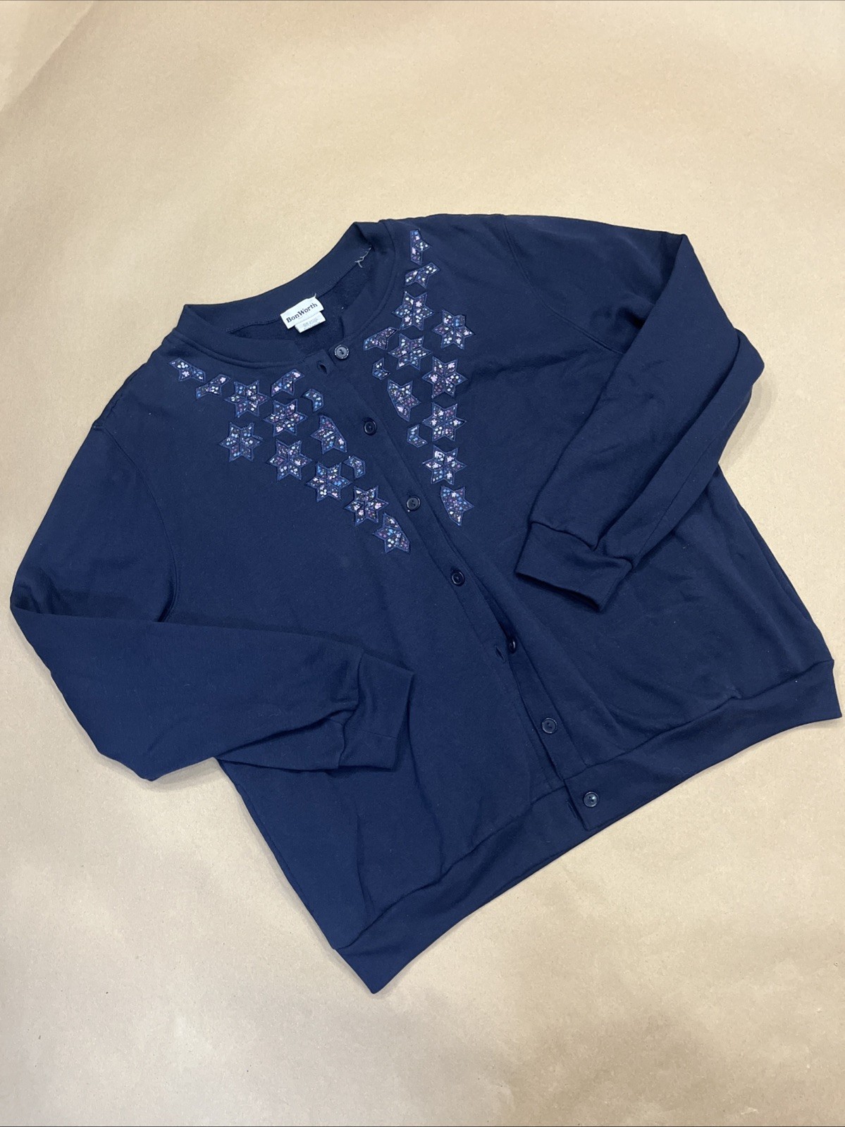 Vintage BonWorth Snowflake Embroidered Cardigan Women Navy Grandma Size Large