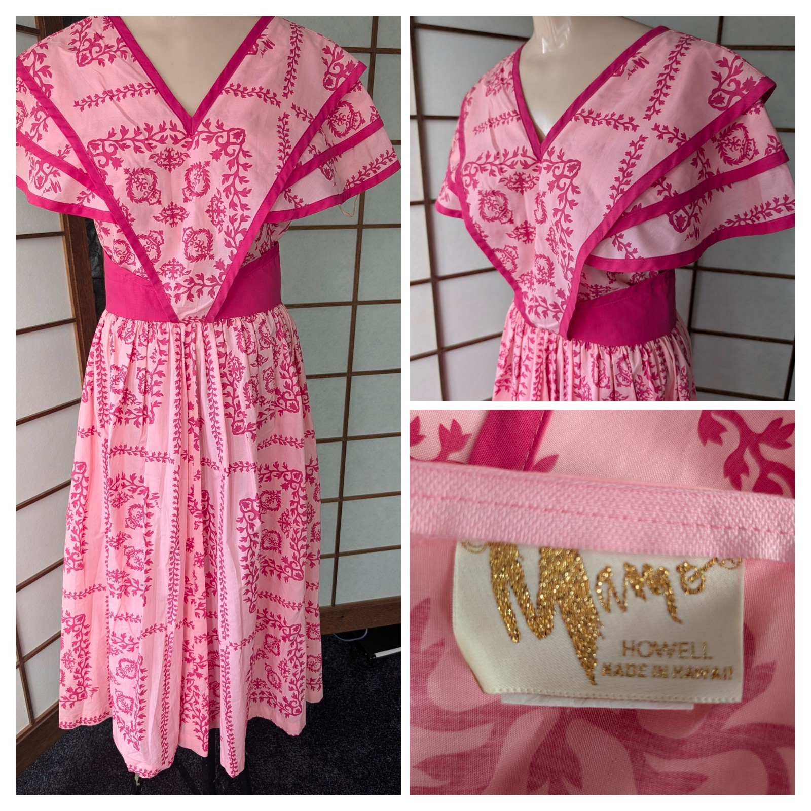 Vtg 70s Legendary Mamo Howell Hawaii Midi Dress Pink Hawaiian Botanical Print Sm
