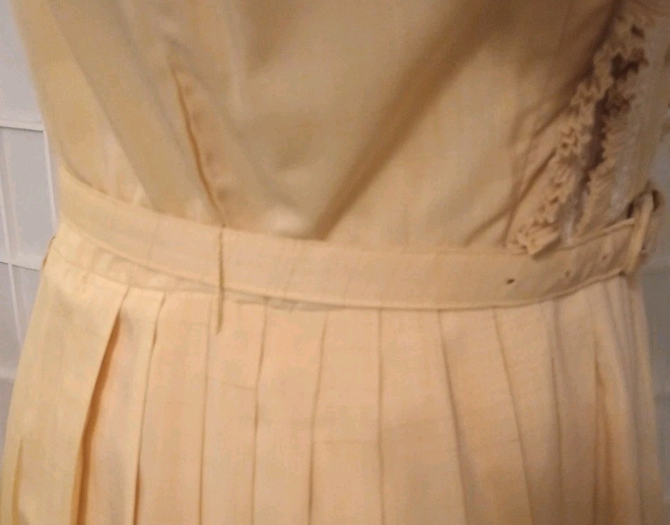 Vintage Yellow Dress Button Down Ruffle Front Shirt w/ Belt Pleated Skirt Medium