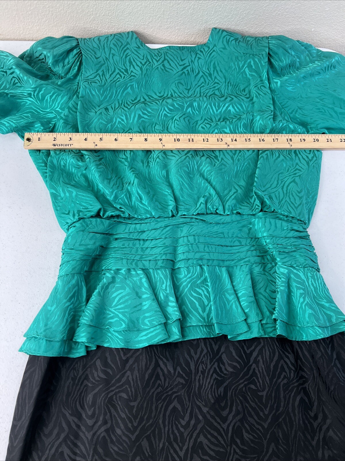 Vintage 1980s Silk Studio 100% Silk Green Black Peplum Dress Size 12 Petite