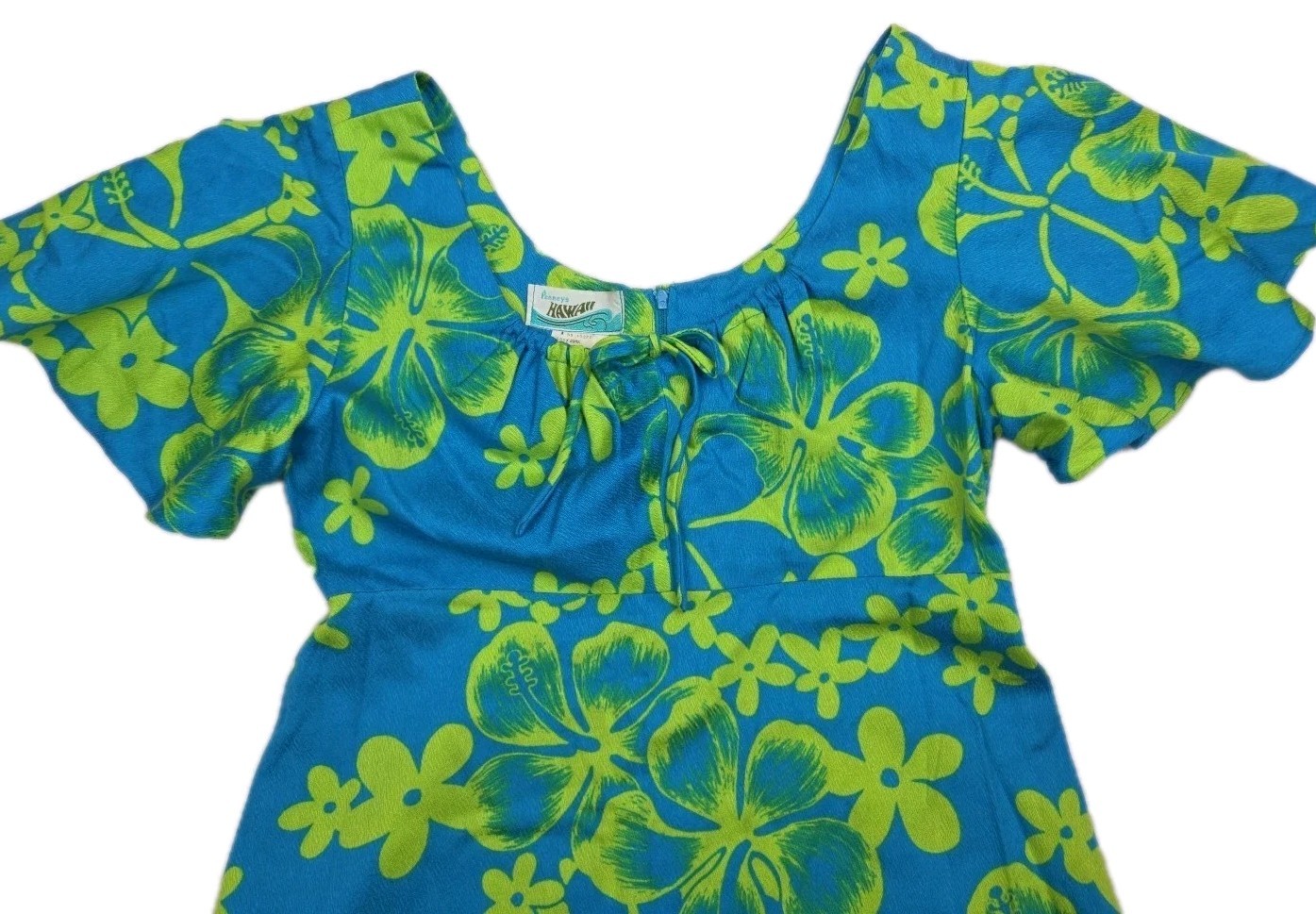 Vtg 1970s Hawaiian Print Maxi Dress Penneys Hawaii Green Blue Acrylic Size XXS