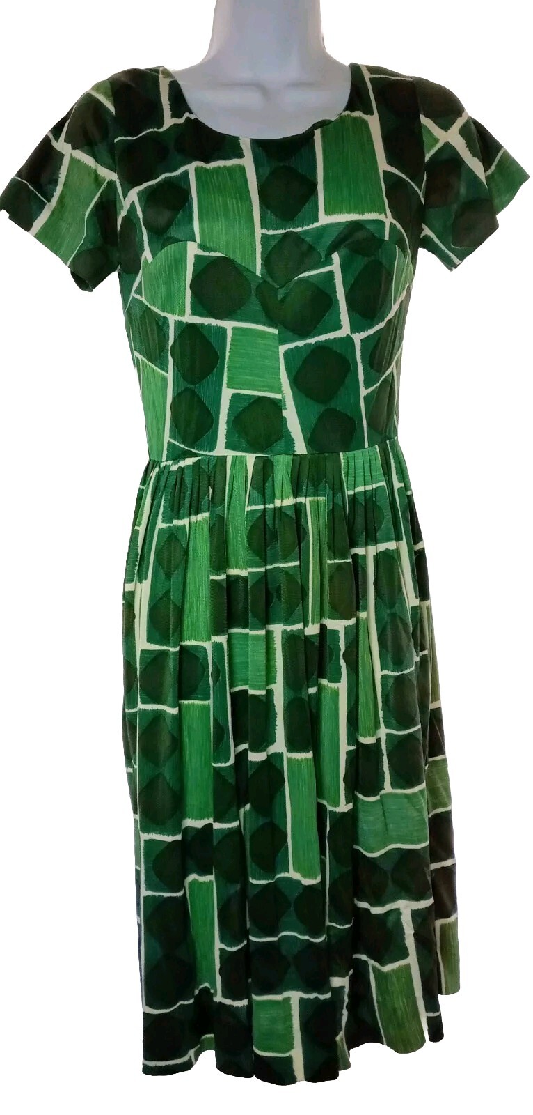 Vintage 60s Size 12 Geometric Nylon Zip Dress Gathered Pleated Skirt belt Loops