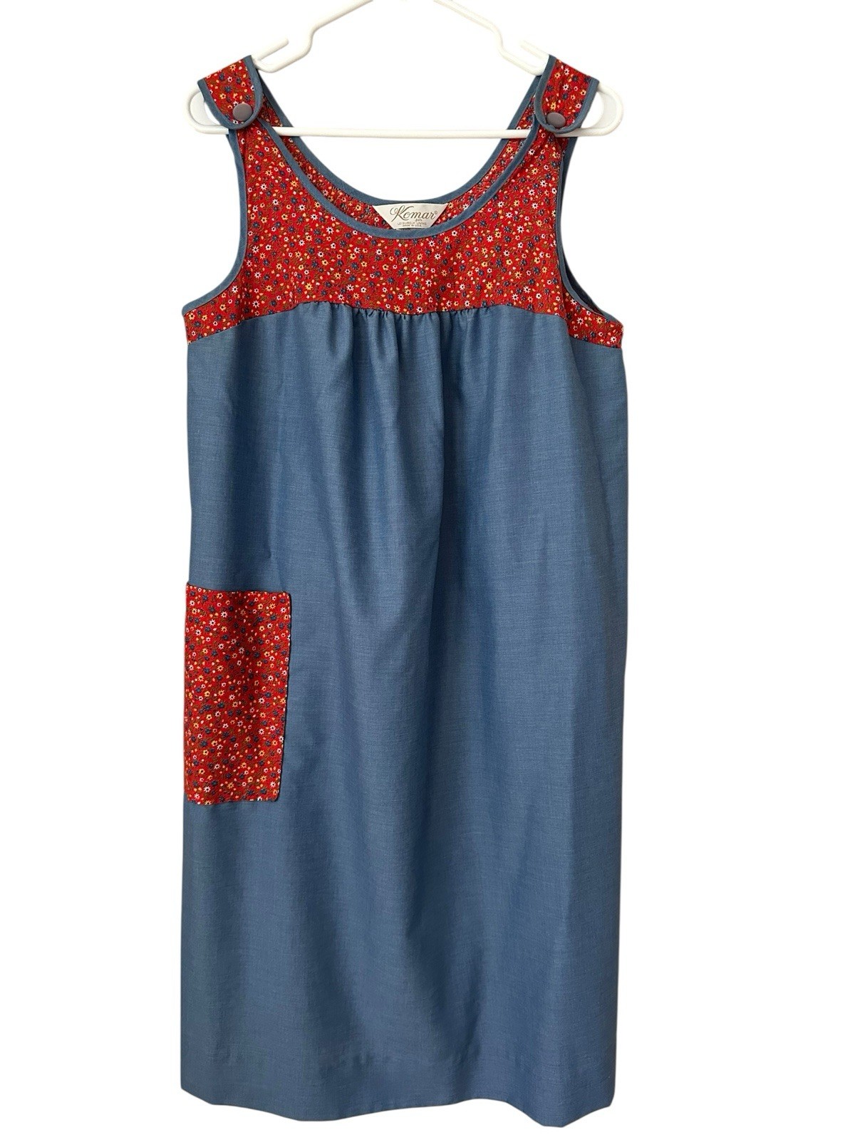 VTG Komar House Dress Sz M Blue Red Floral Pocket 70s Country Nightgown Muumuu