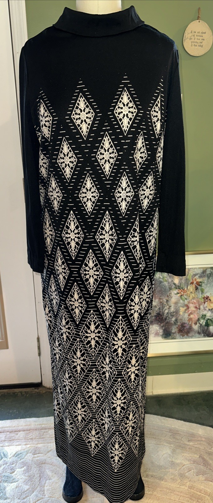 Vintage 1960s Mr. Dino Maxi Dress Mod Psychedelic Black White Diamond Print Sz14