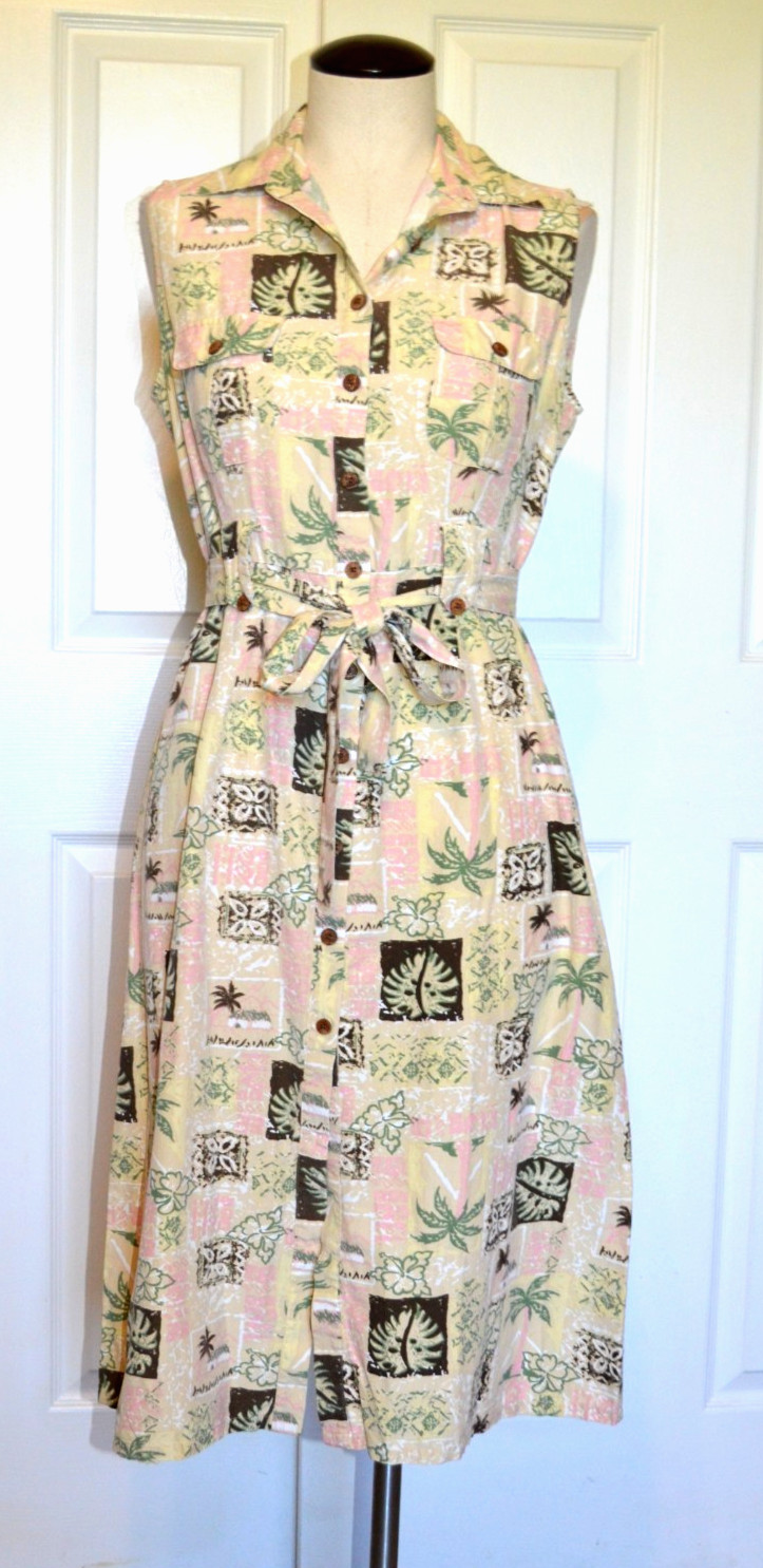 Vintage Tropical AL Sleeveless Silk Dress Womens Size S Button Front Belted