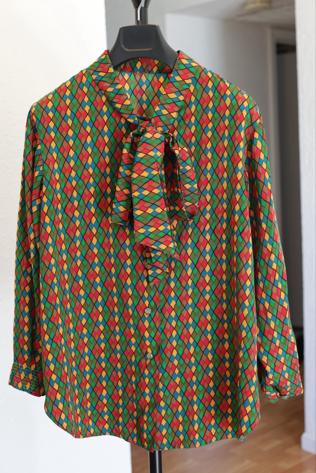 Vintage Multicolor Geometric Pattern Bow Tie Neck Blouse size M-L