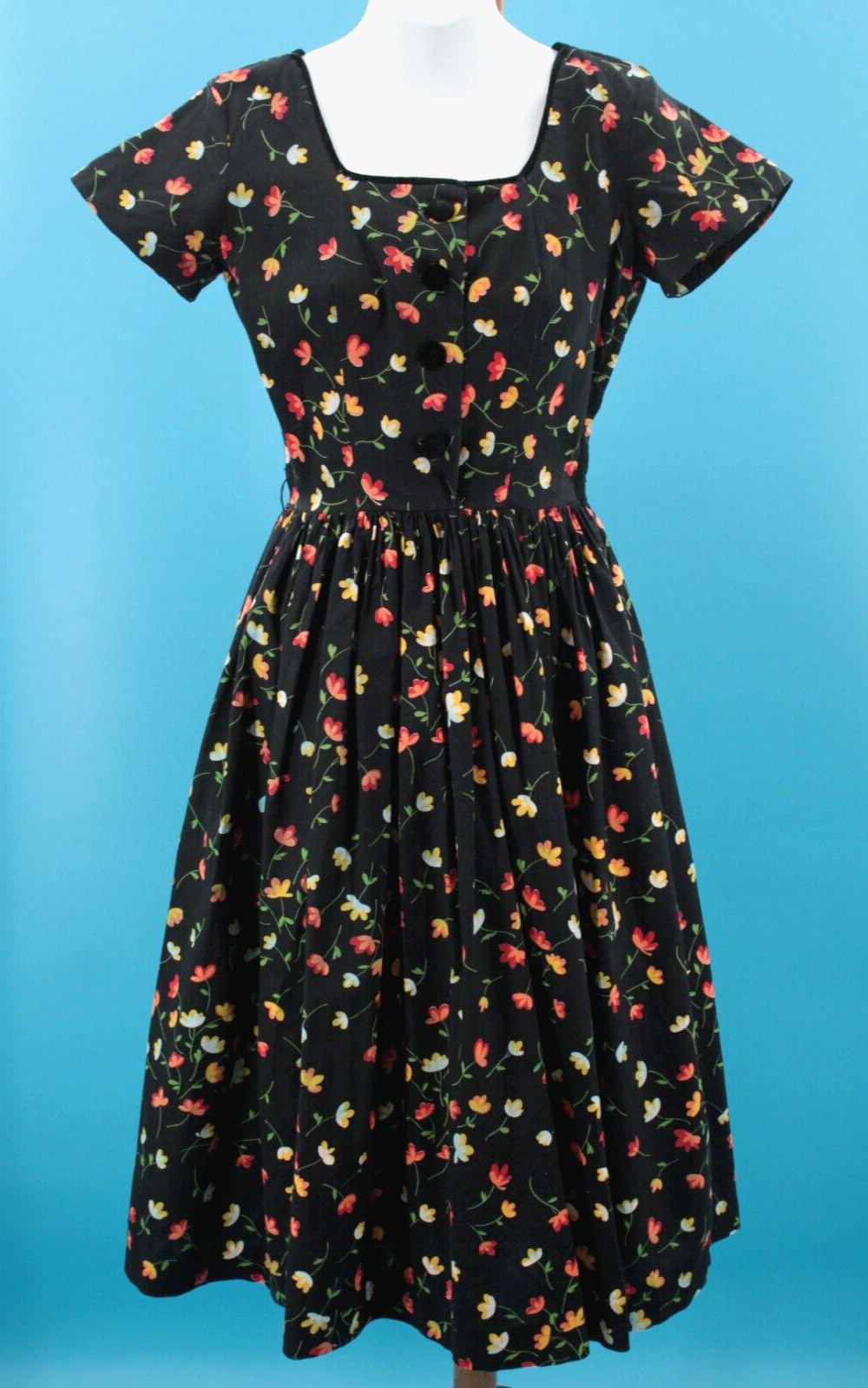 Vtg Women’s 50s Black Orange & Yellow Cotton Floral Tea Dress Sz XS/S 1950s