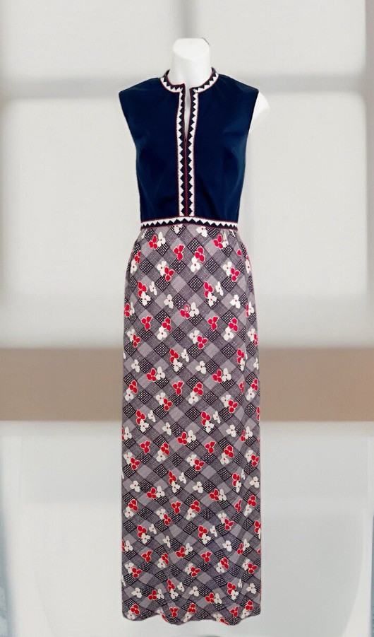 Vintage 60s/70s PURITAN Forever Young DRESS Floral Mod Maxi Sleeveless Blue Red