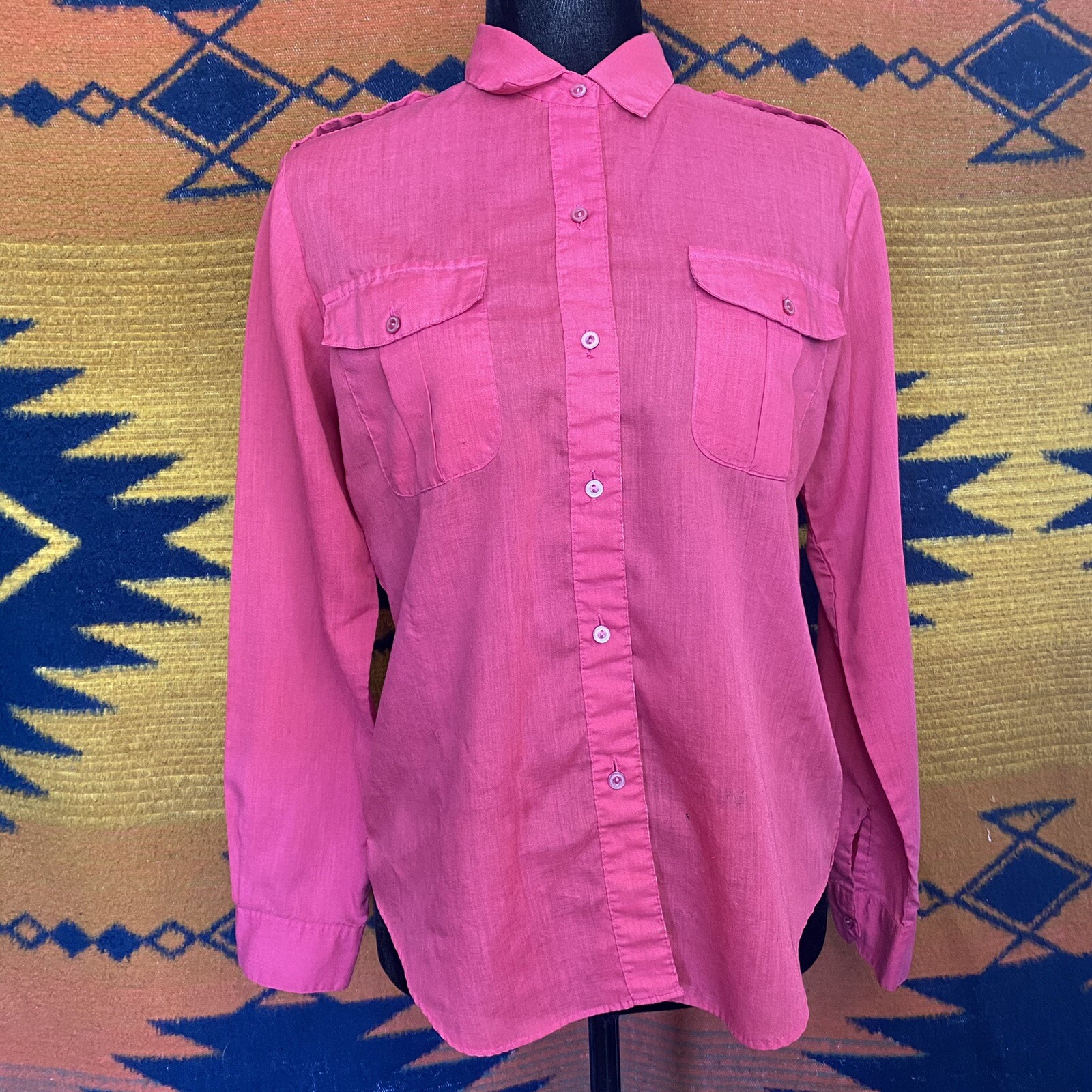 Vintage Cherry Stix Pink Button Down Blouse. Pockets. Size Large. Polycotton.