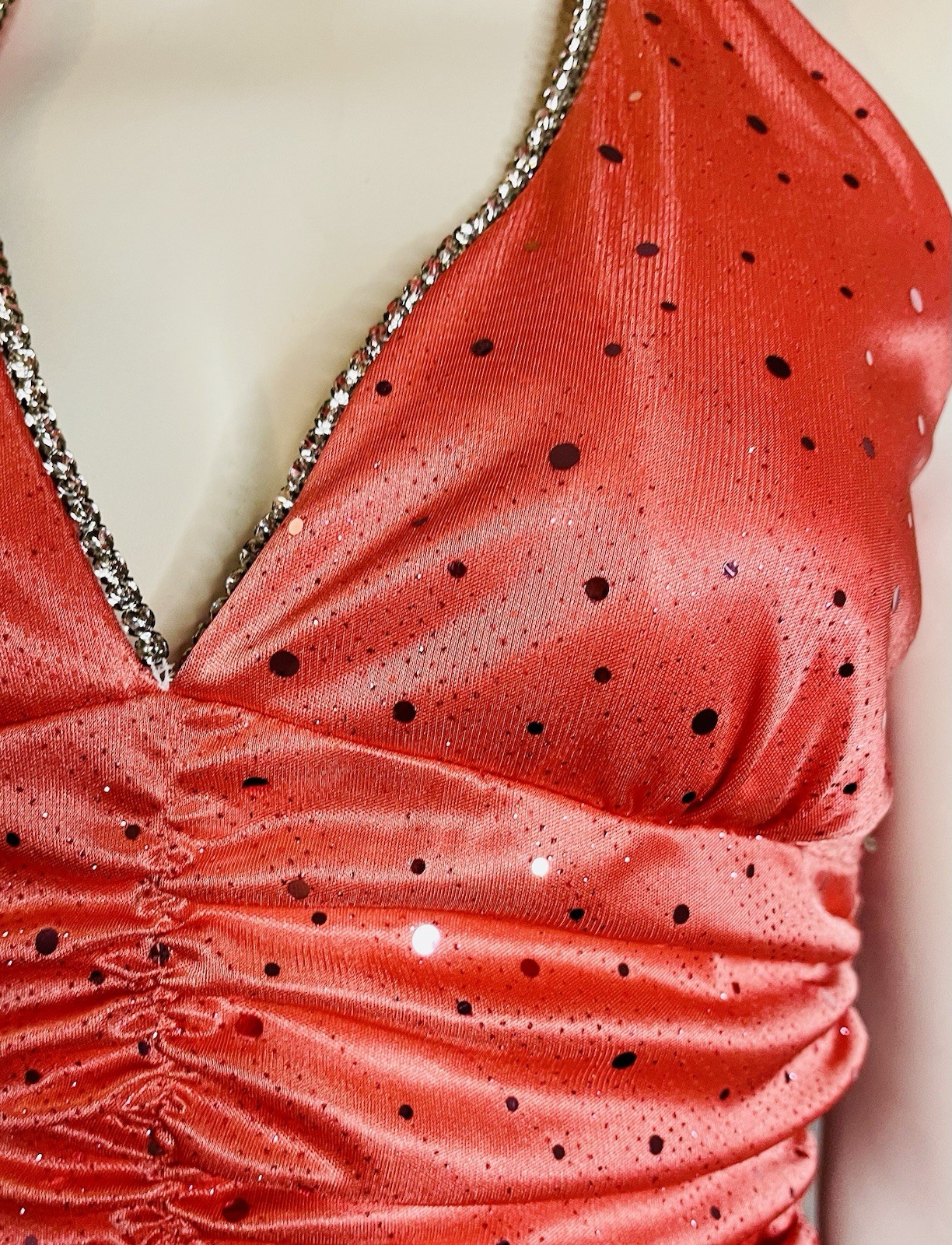 Y2K Glam Coral Sparkle Cocktail Formal Halter Style Dress In SIZE M