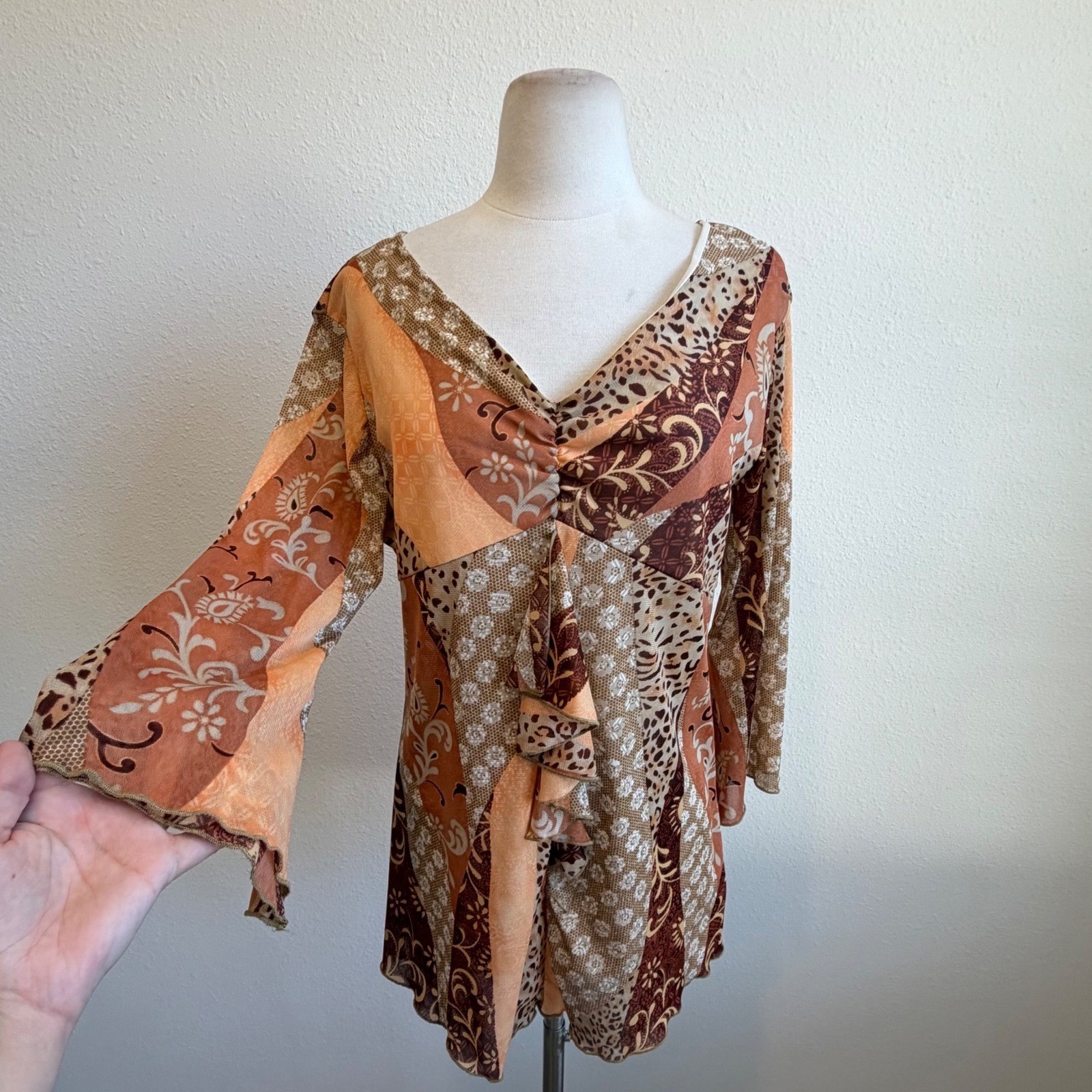 VTG Y2K Brown Mesh Babydoll Top Womens Large Boho Indie Retro Bell Sleeve