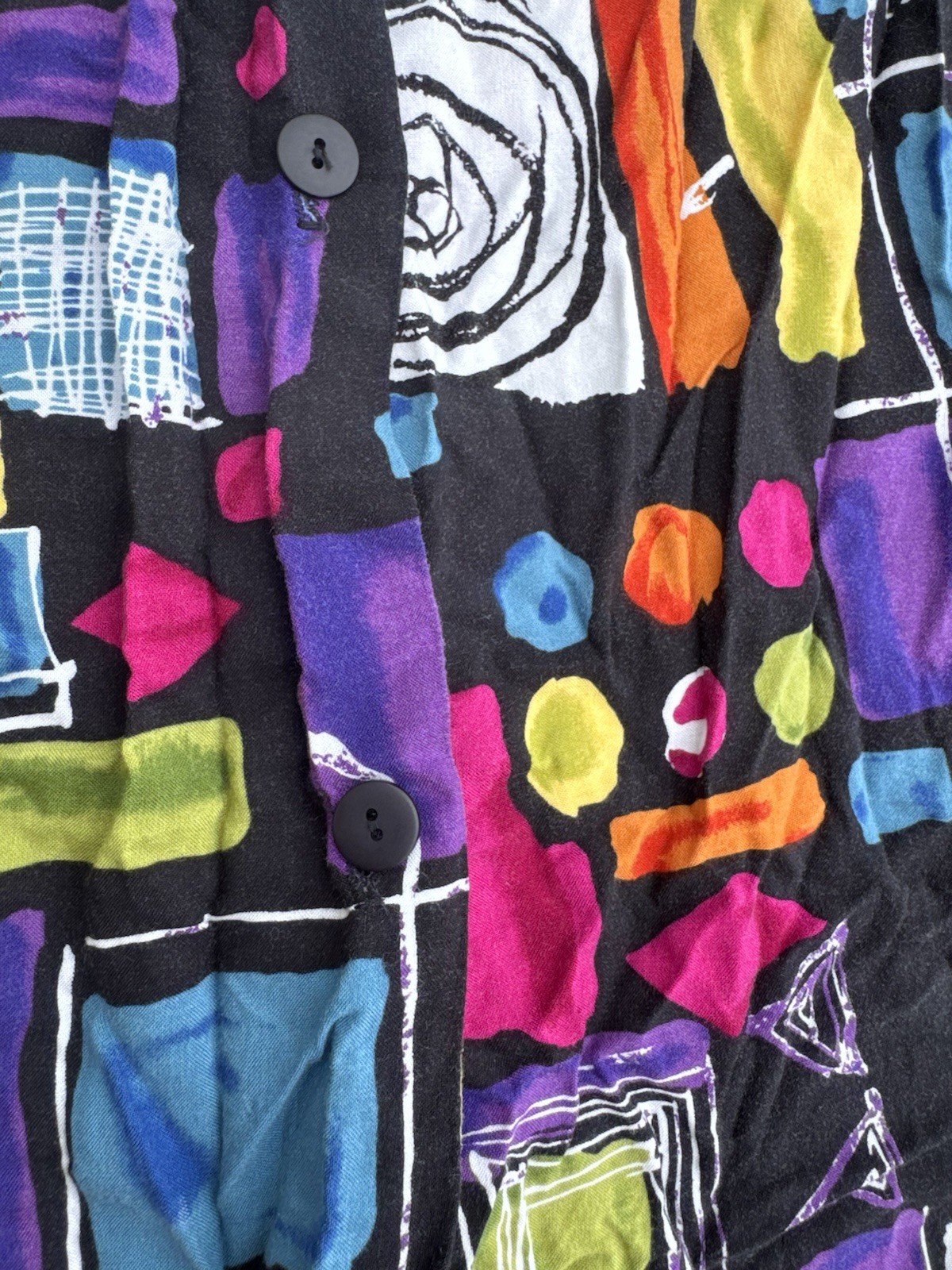 Vintage 1980s Abstract Artsy Bright Colorful Button Down Blouse Black 1X