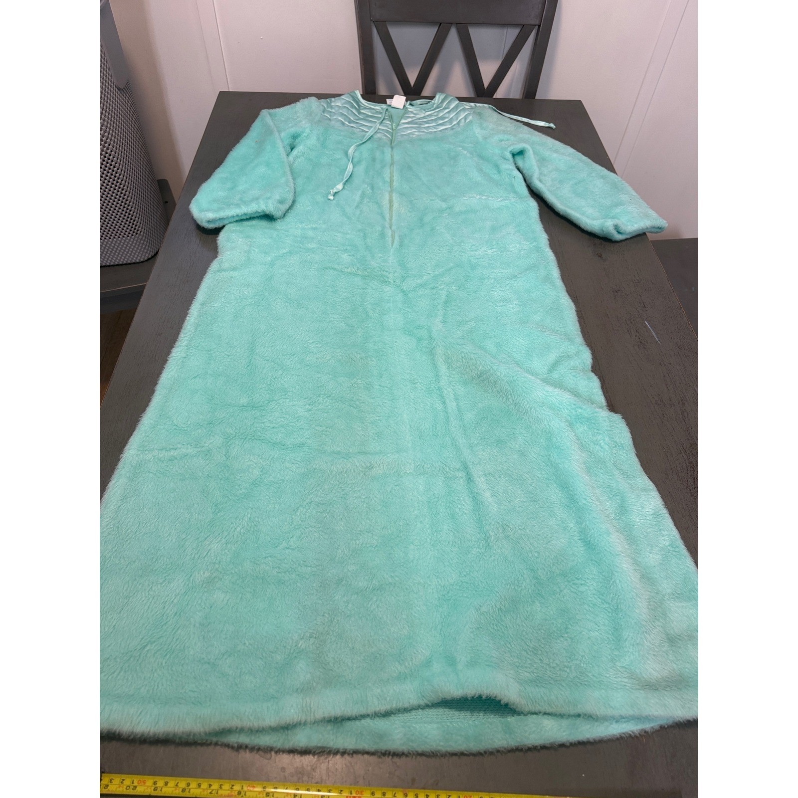 Vintage JCPenney Aqua Mint Green Faux Fur Robe Zip Front Quilted Yoke Medium USA