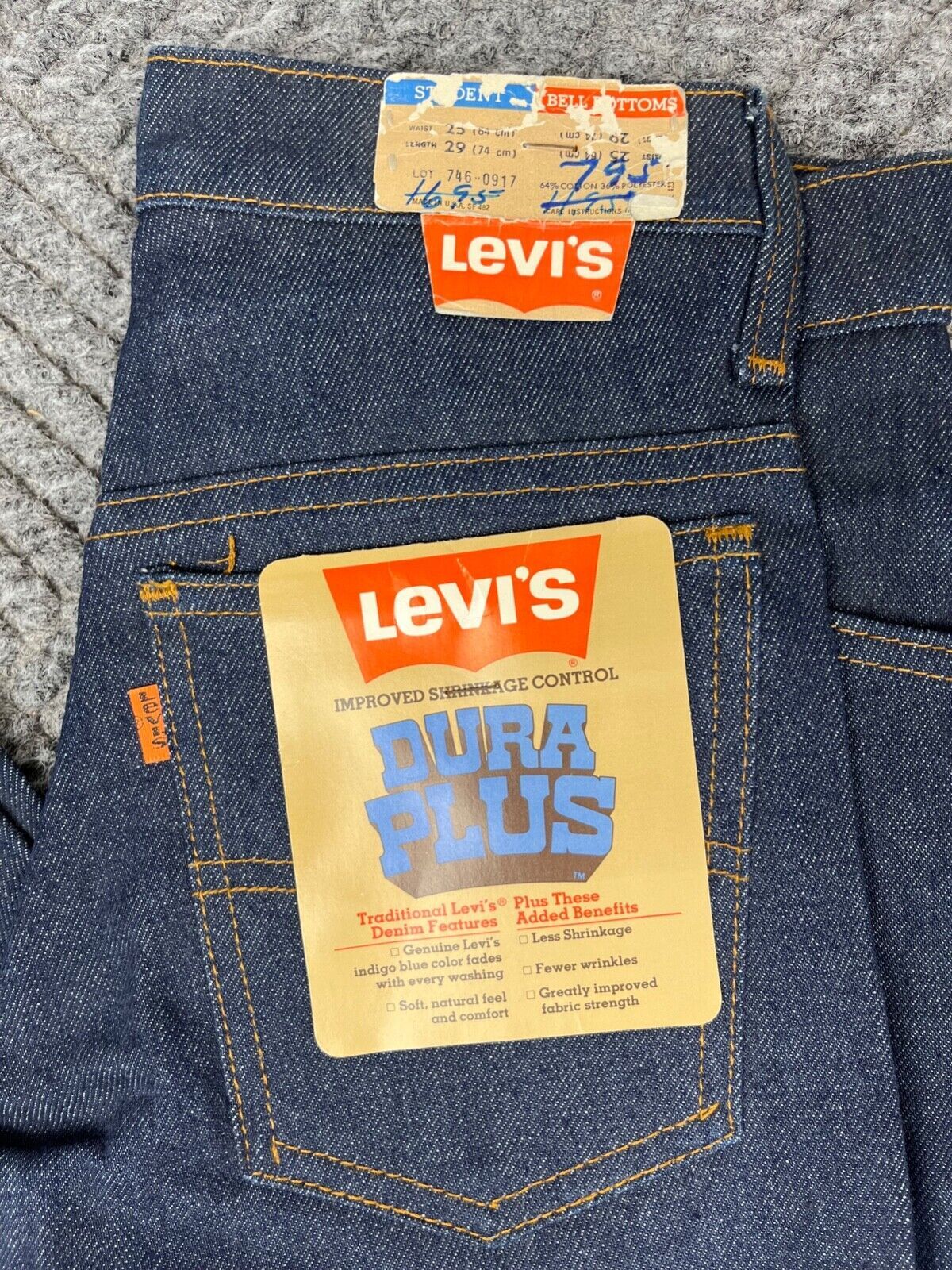 Vintage Levi’s Dura Plus Student 25×30 Bell Bottom Deadstock Orange Tab NOS