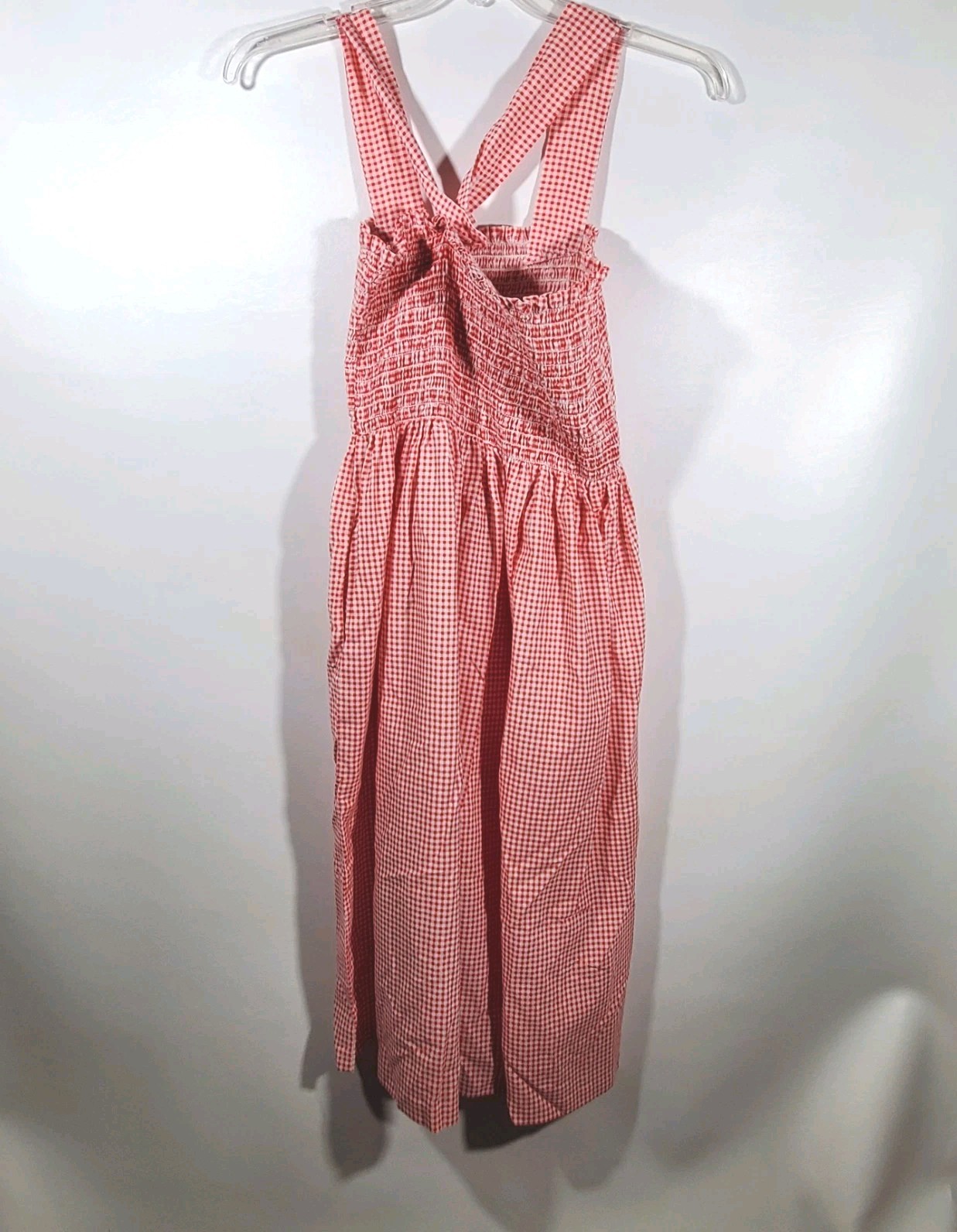 VTG 80s Red White Gingham Smocked Sundress Cottagecore Cross Back Sleeveless