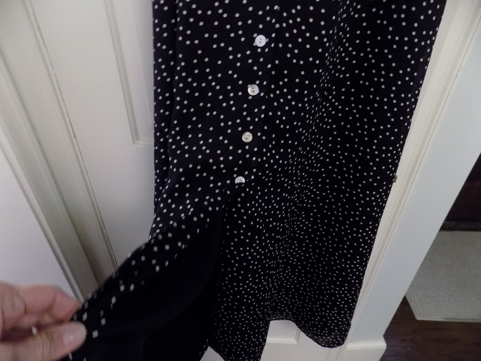 Vtg David Warren Full Button Front Shirt Dress Black White Polka Dot Sz 14 EUC