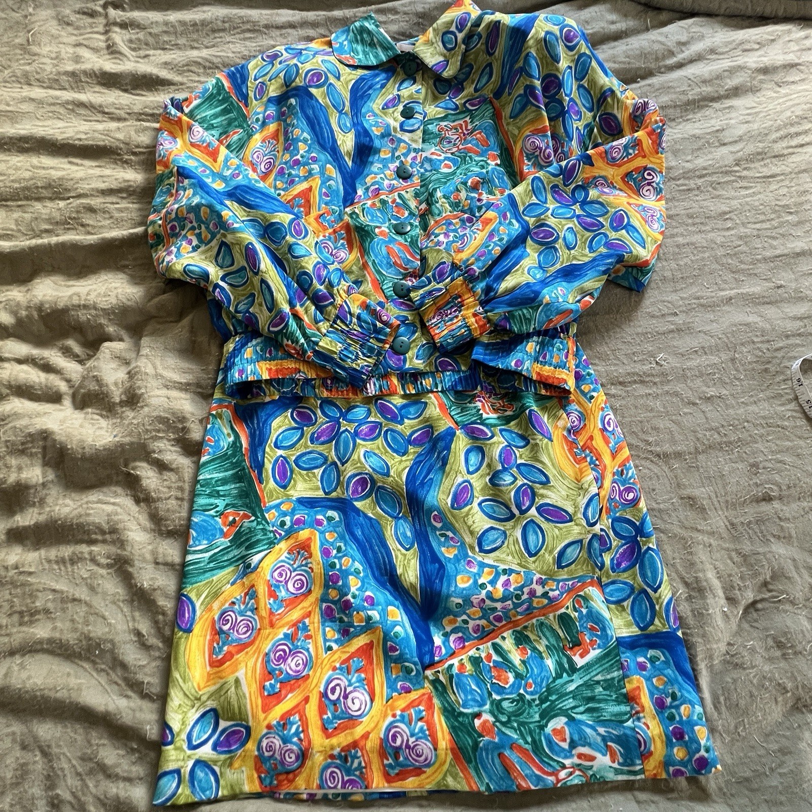Vintage 1980’s Retro Colorful Artsy Button Up Jacket/ Skirt Set 100% Silk Size S