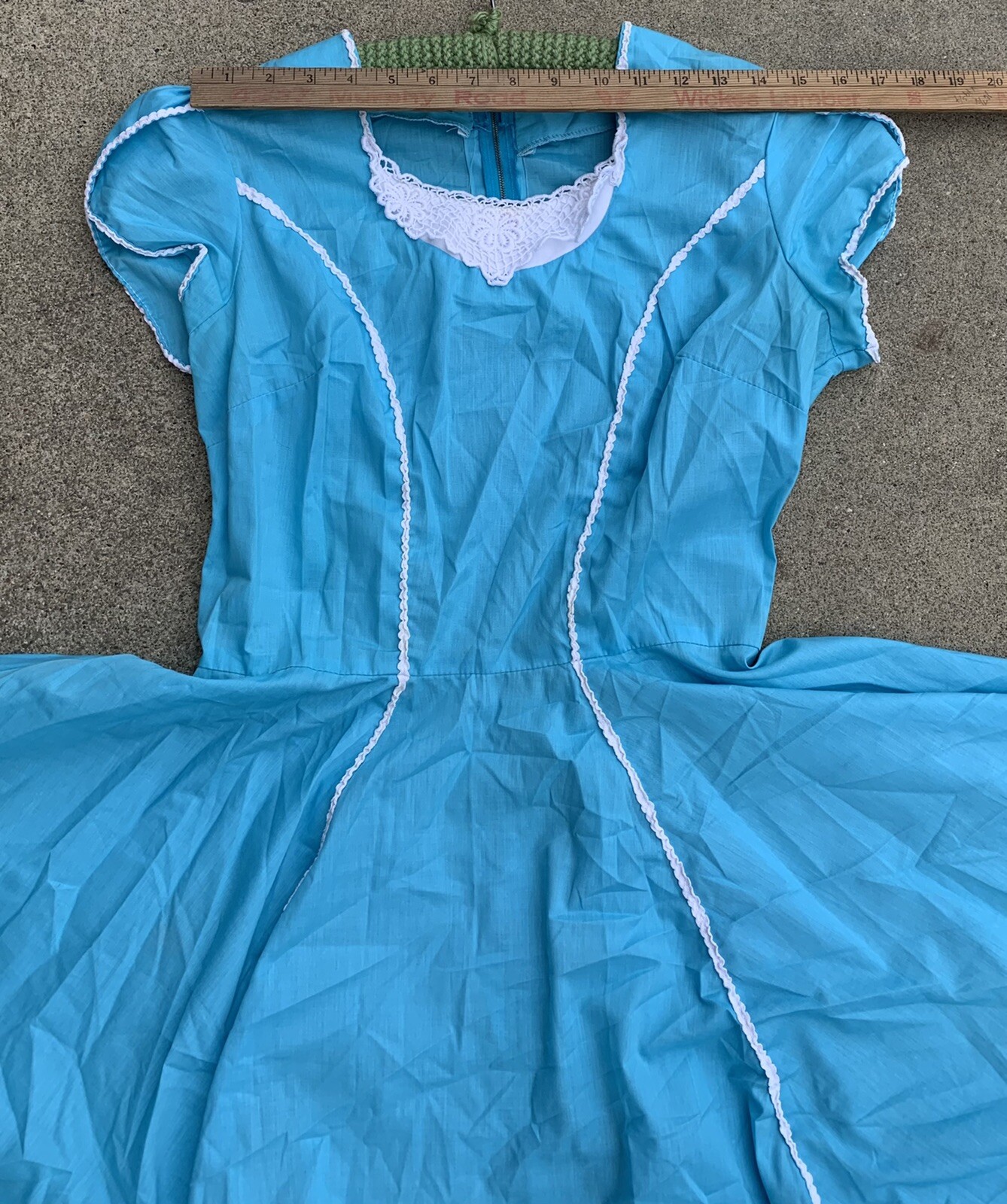 vintage square dance dancing dress with metal zipper blue with white accents