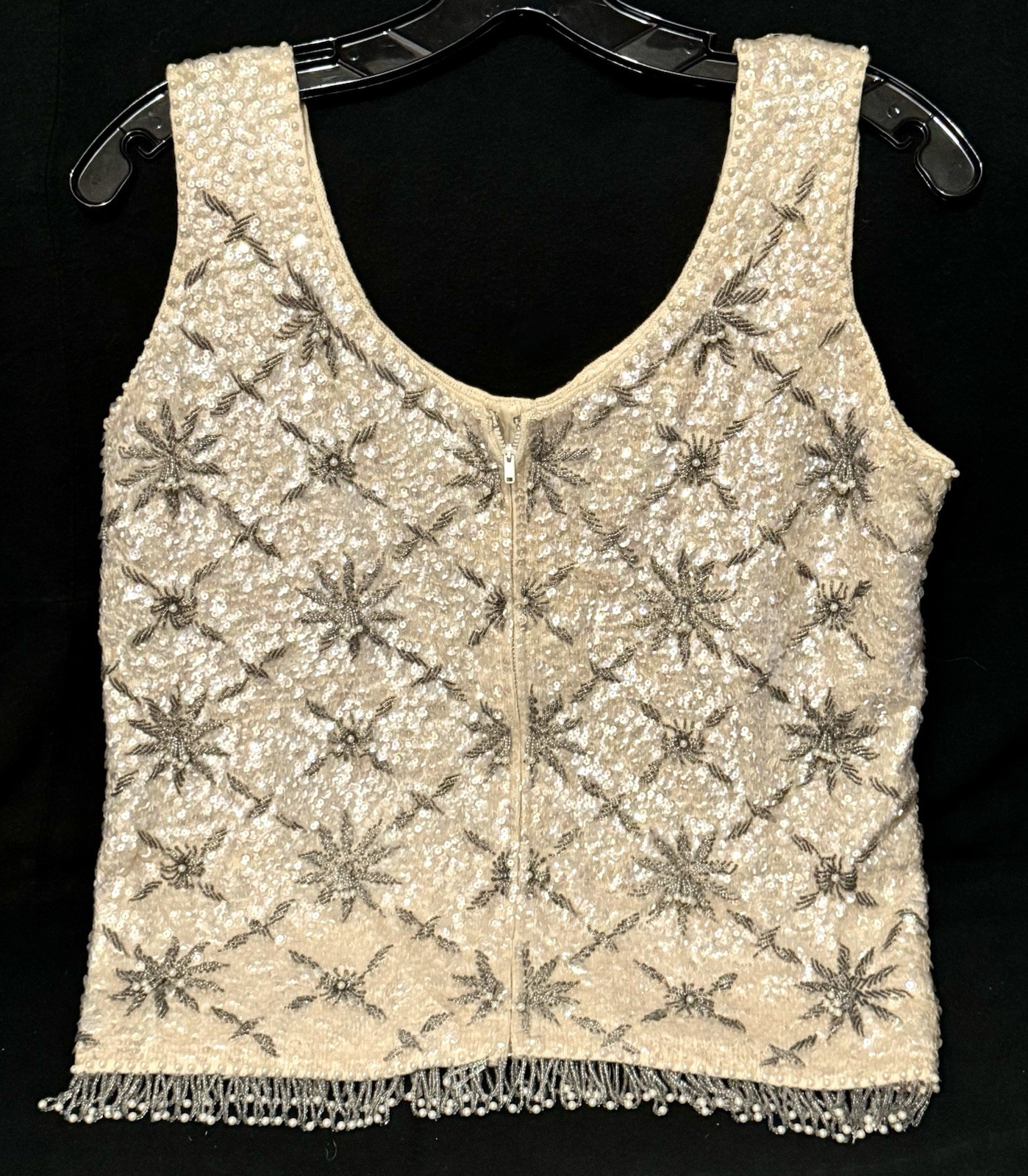 VTG 60’s Ivory Sequin&Beaded Sleeveless Cocktail Top~Tasseled Hem~Back Zip~Sz 12