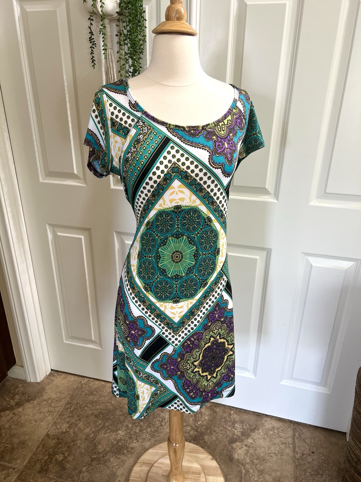 Vtg Y2K AB Studio Abstract Geometric Floral Stretchy Shirt Dress BOHO Hippie M