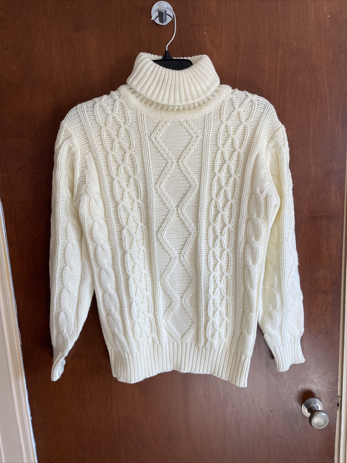 VTG Matisse Fisherman Sweater Sz M Ivory Turtle Neck Cable Knit Grandma 80s
