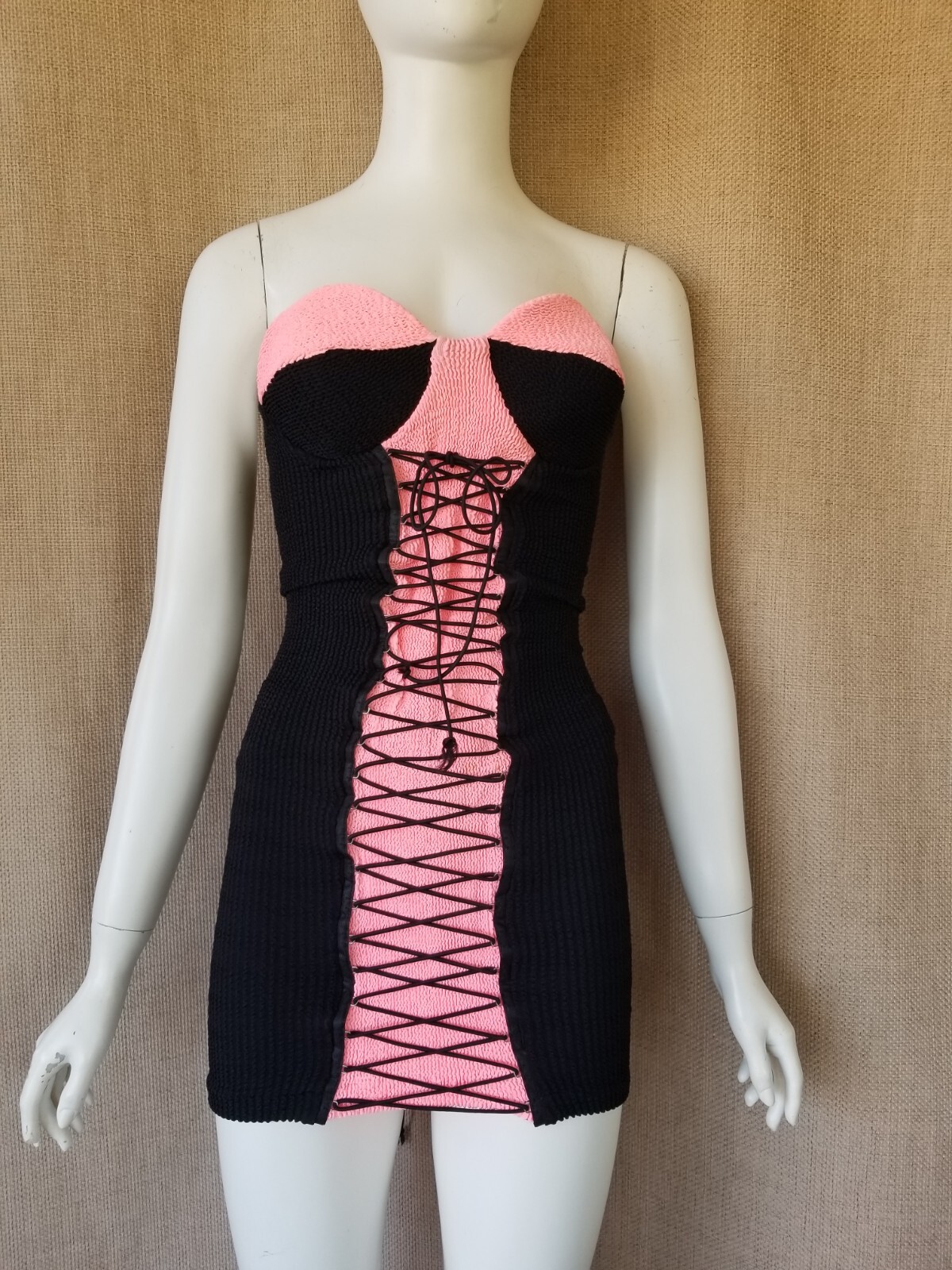 1980’s TRIPP Punk Rock Neon Pink Black Womens Vintage Corset Lace-up Mini Dress