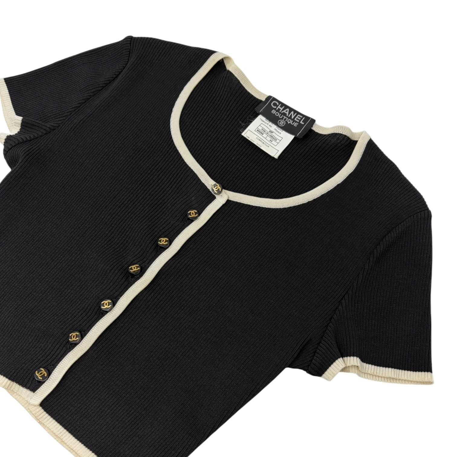 CHANEL Vintage 95P CC Logo Button Knit Cropped Ribbed T-shirt Top #42 Black
