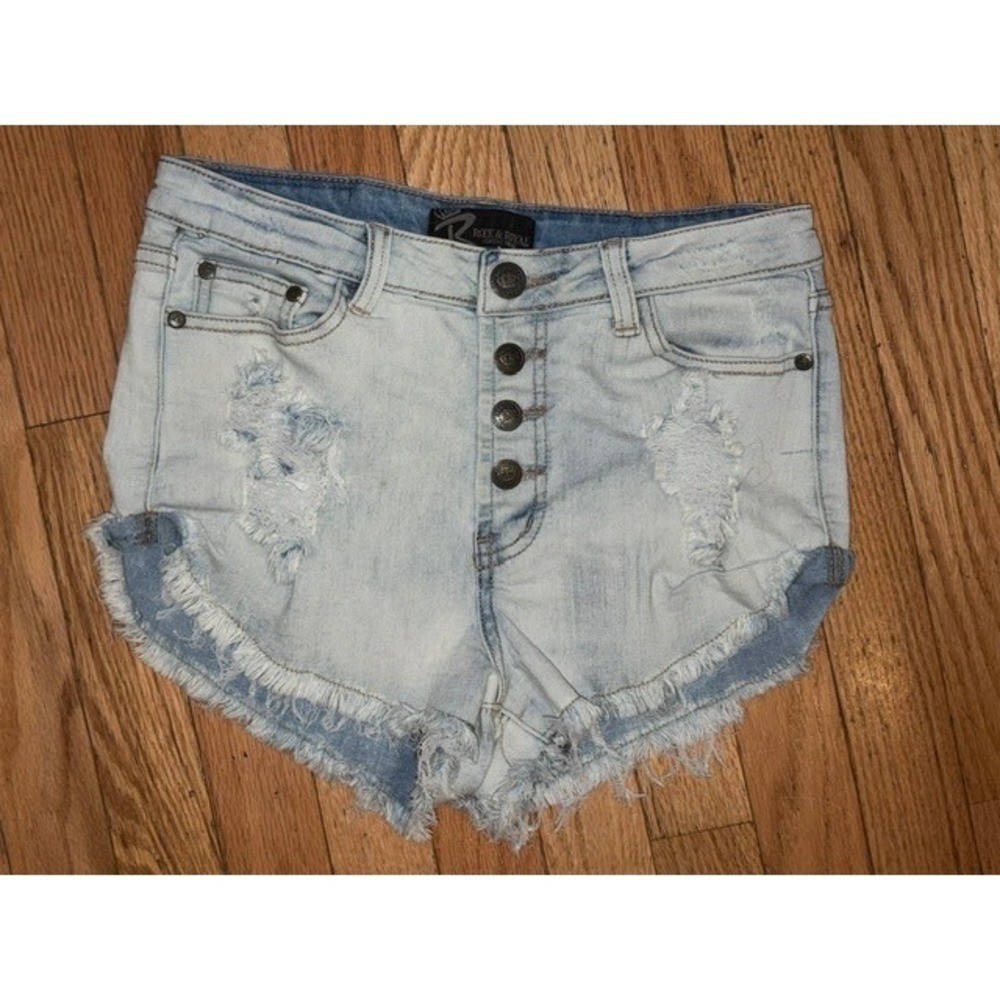 Rock & Royal Womens Distressed Denim Shorts High Rise Button Fly S T44-33