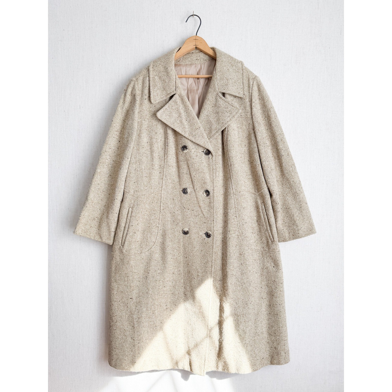 Vintage Oatmeal Tweed Double Breasted Long Coat Gold Back Detail Beige Womens
