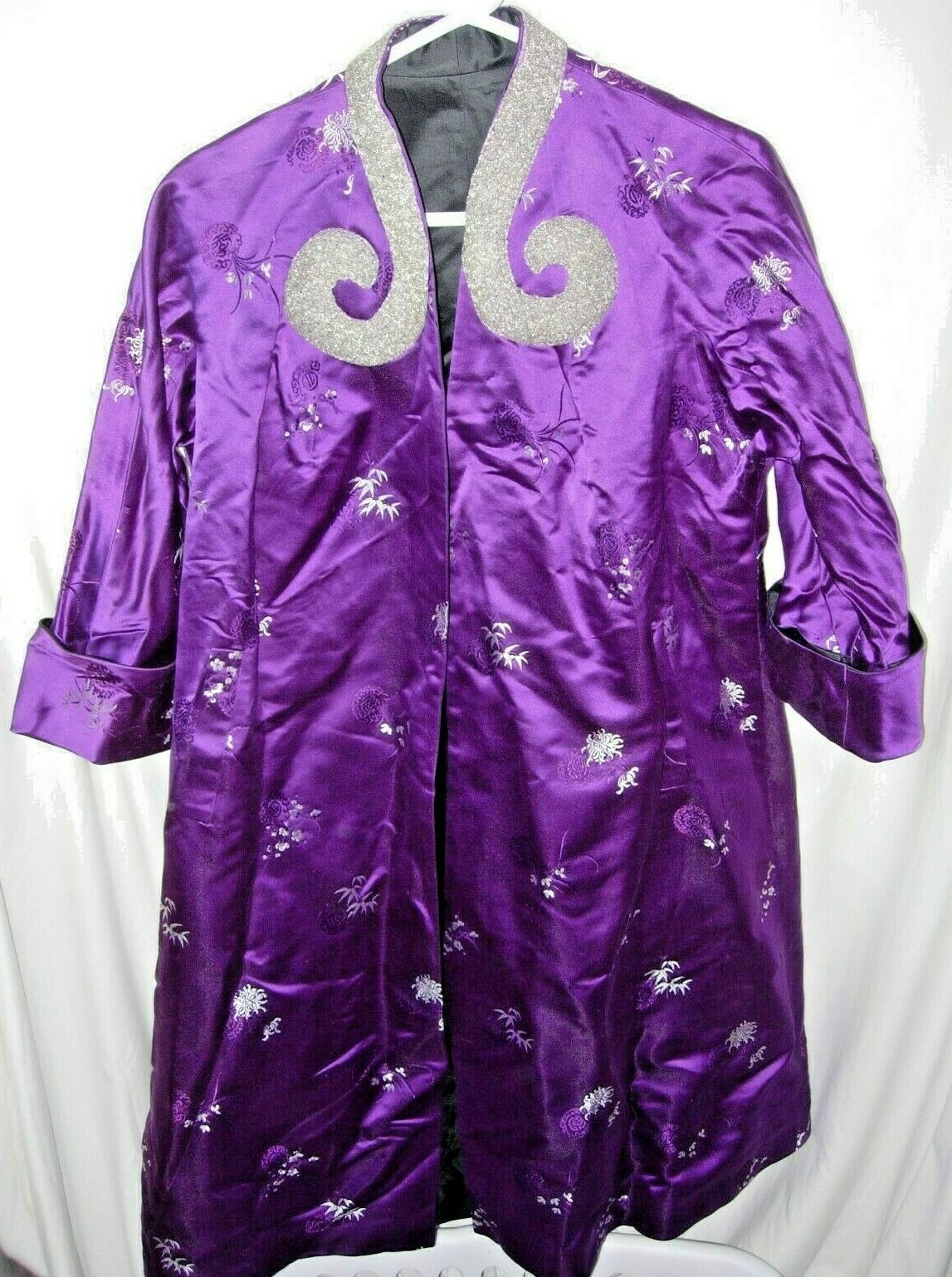WOMENS VINTAGE PURPLE 100% SILK SILVER BEADED 1930’S COAT CUSTOM asian SIZE L 44