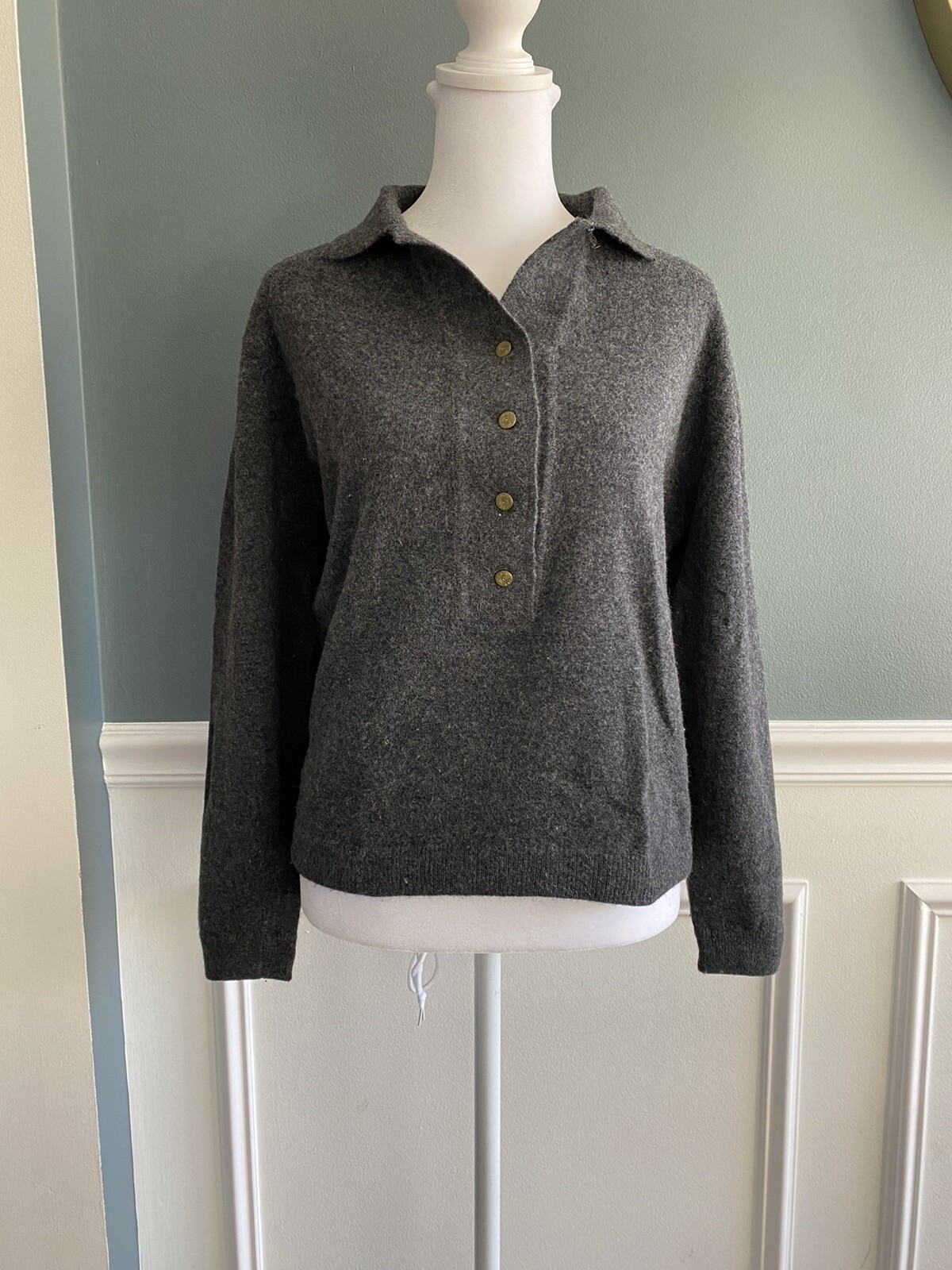 Vintage 60s Darlene Minklam Sweater 38 M L Wool Angora Gray Collared Gold Button