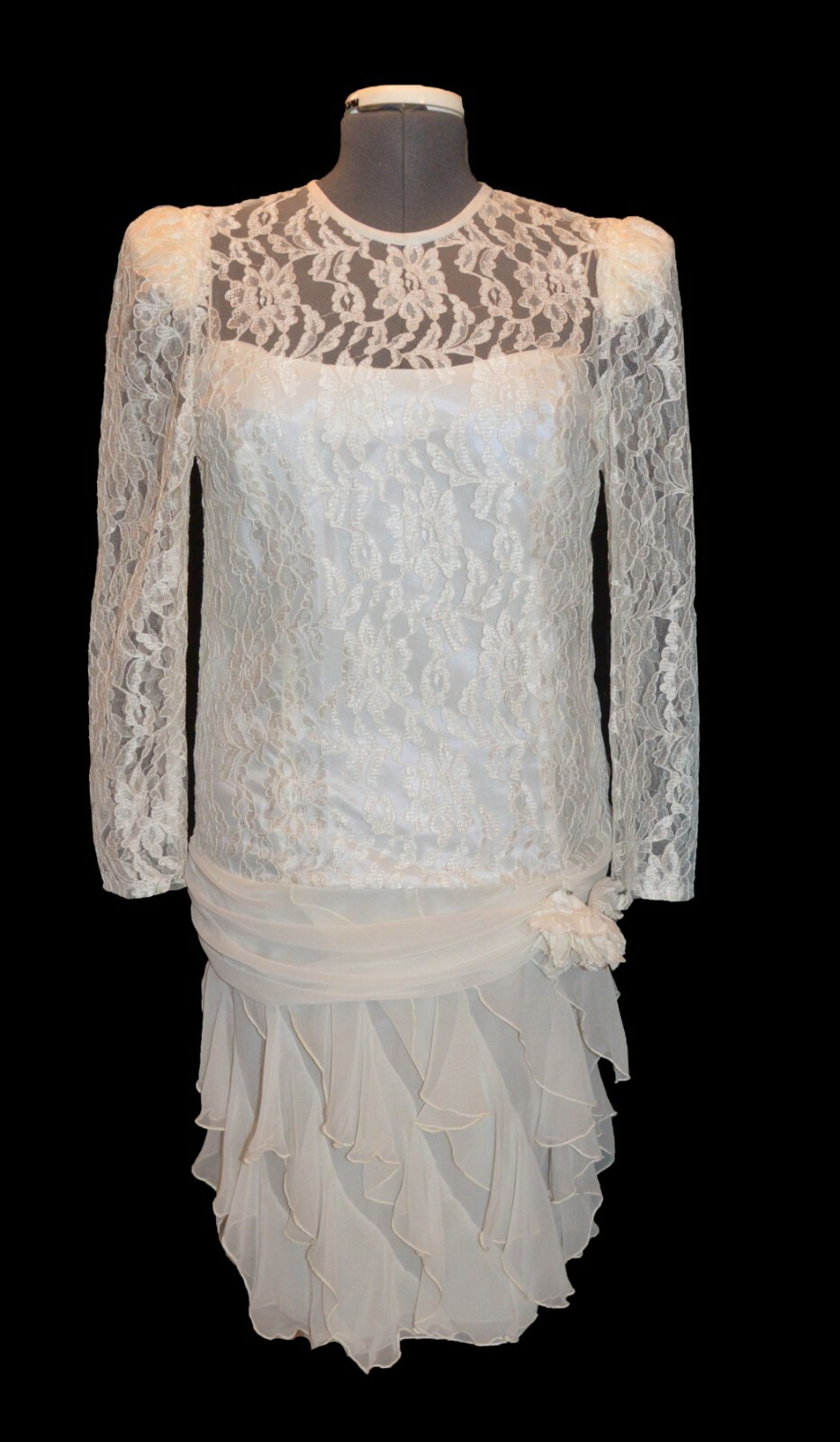 After Dark Vintage 80s White Lace Chiffon Ruffle Party Prom Dress size 11/12