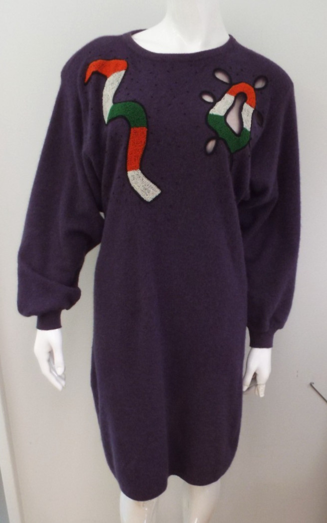 Vintage 1980s Kansai Yamamoto Purple Sweater Dress Medium Wool Angora Beaded Net