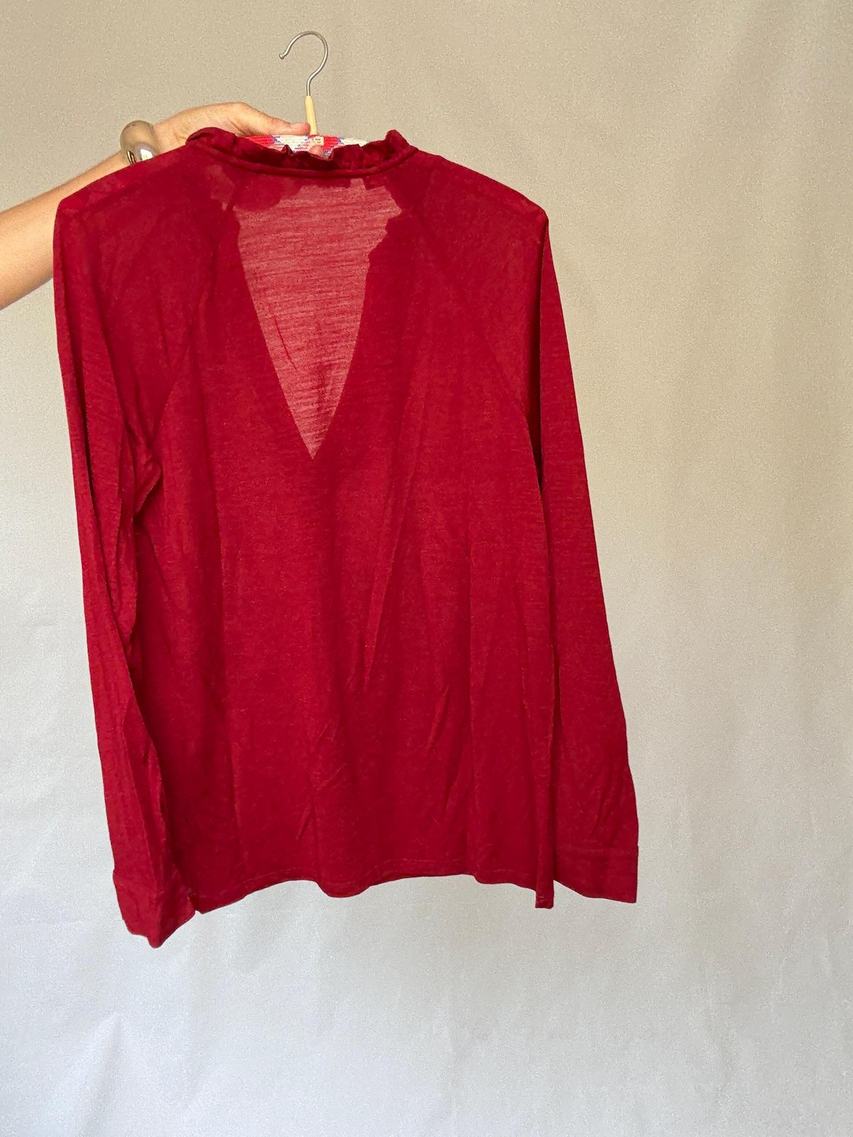 Super soft wool deep red long sleeve top, Red V-neck jumper jersey, Size S
