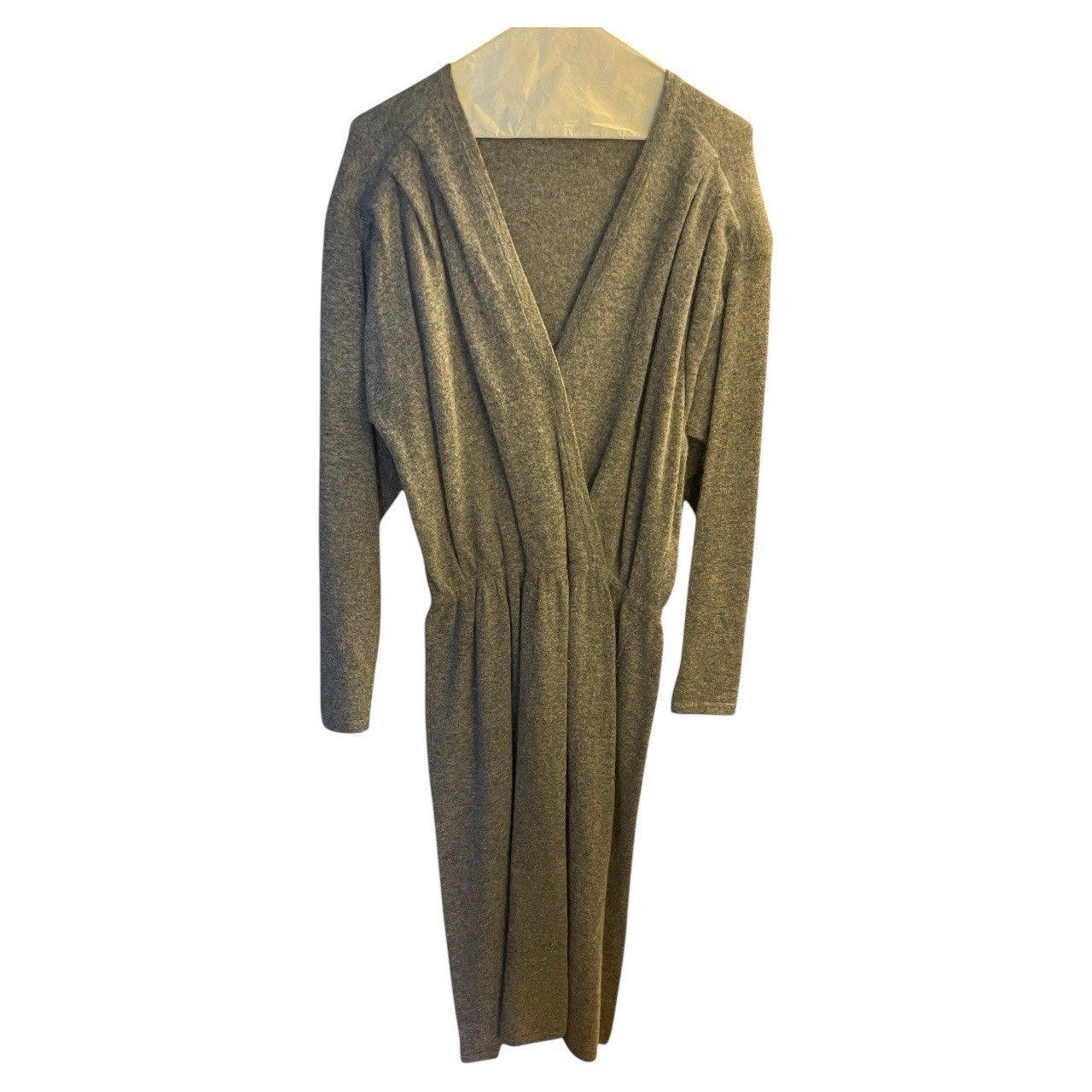 Vintage 80s Lambswool Angora Heather Gray Faux Wrap Midi Sweater Dress L