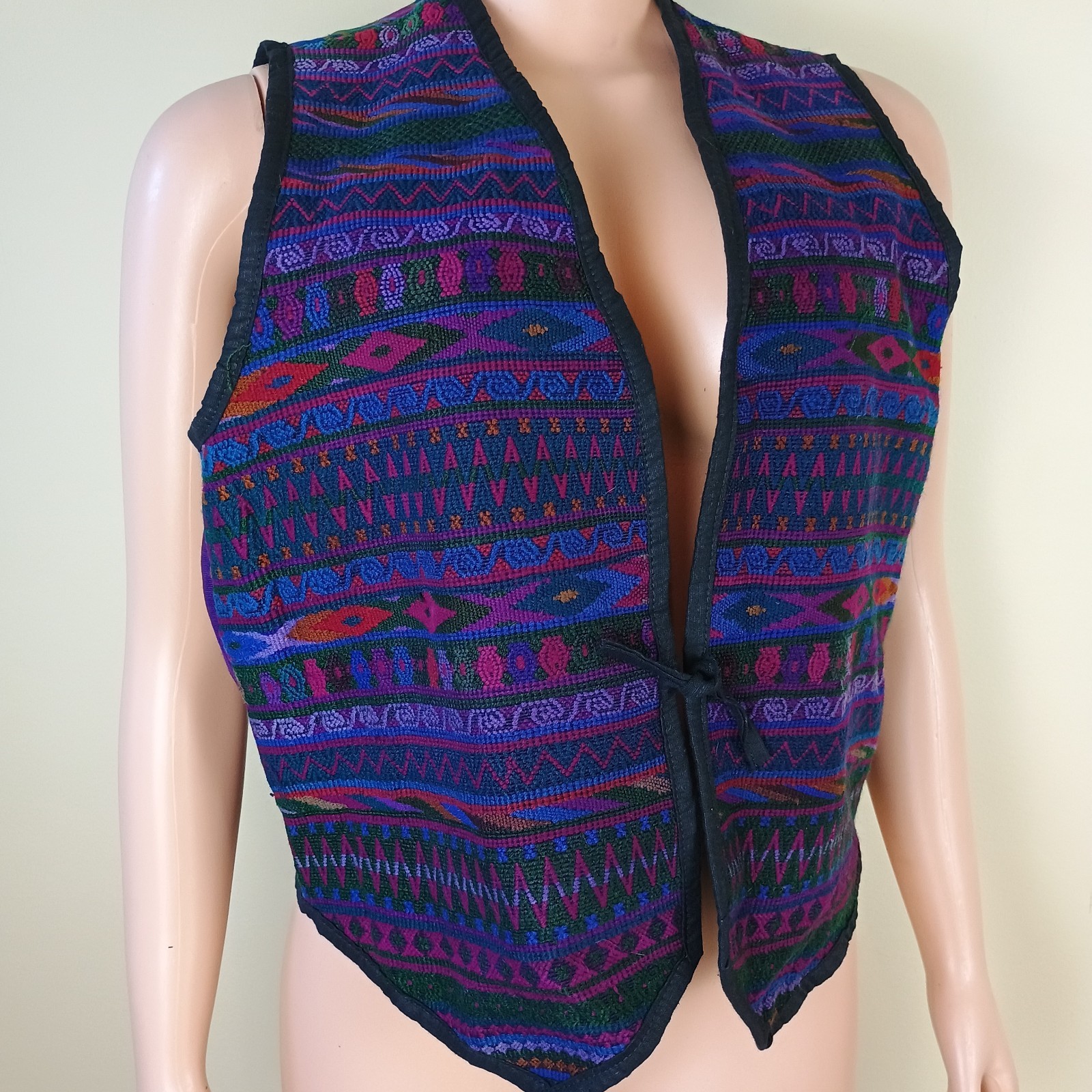 Vintage Guatemalan Hand Woven Colorful Embroidered Vest Large