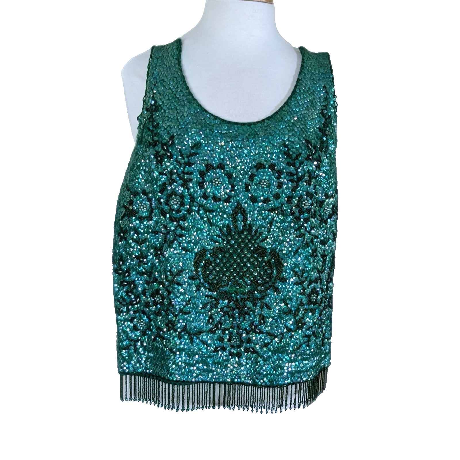Vintage 1960s Regalia Imports Hong Kong Emerald Green Beaded Sequin Fringe Top