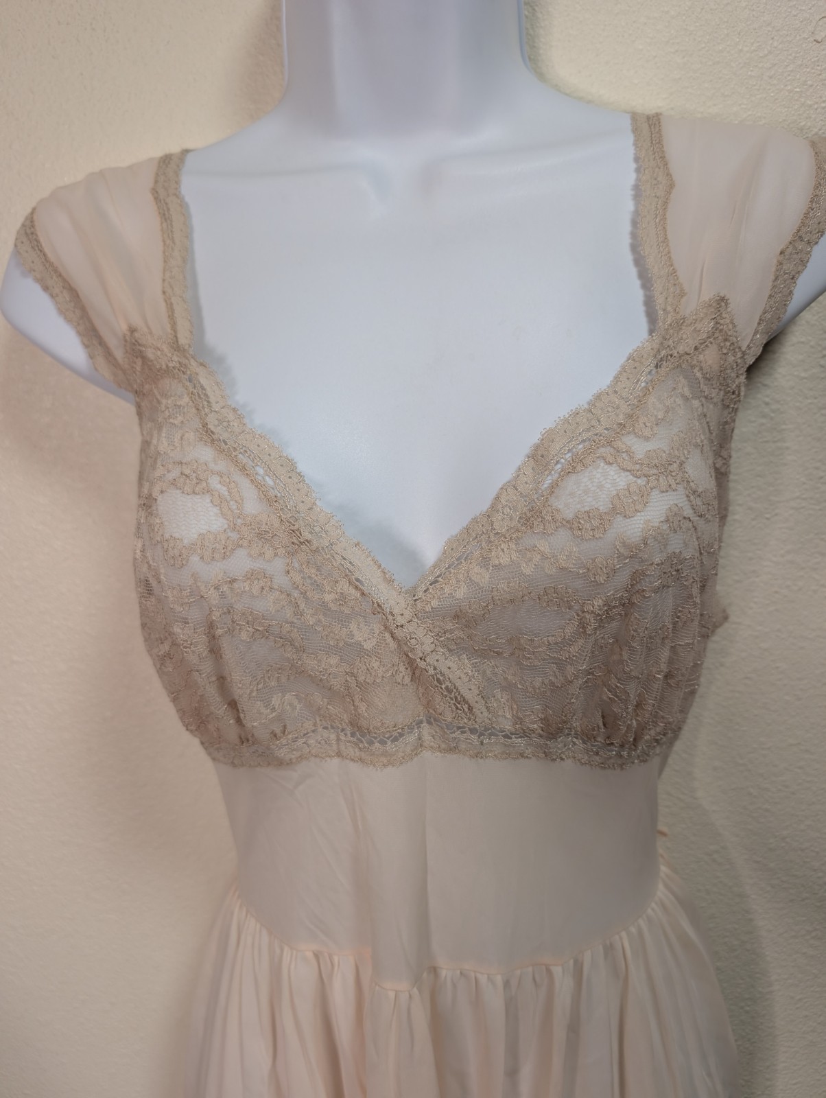 Vintage Blush Peach Lace Chiffon Gown Bardot Style Romantic Bridal Lingerie Slip