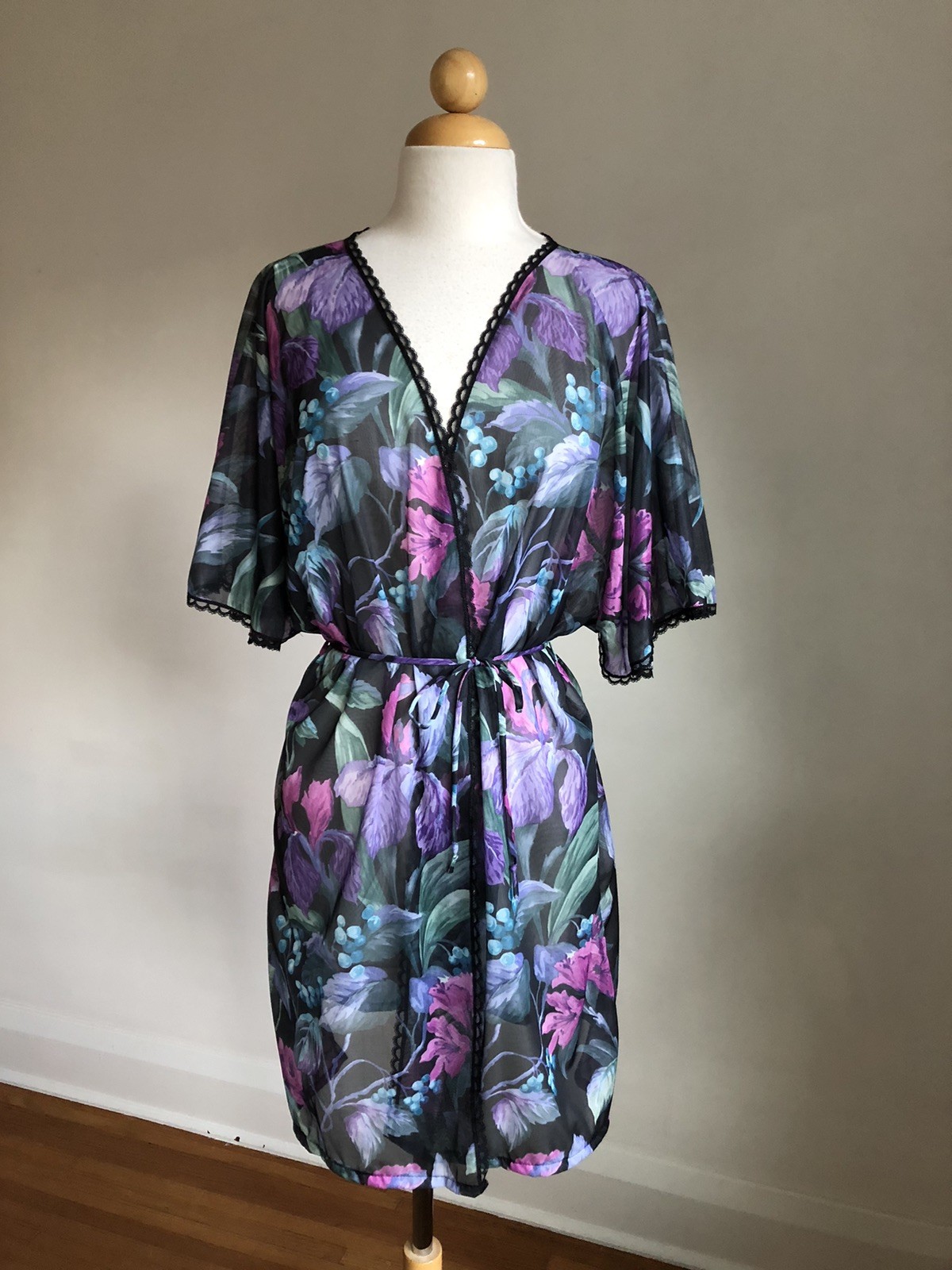 GORGEOUS VTG CACHET Purple Floral Sheer Chiffon & Lace Robe Dressing Gown SZ M
