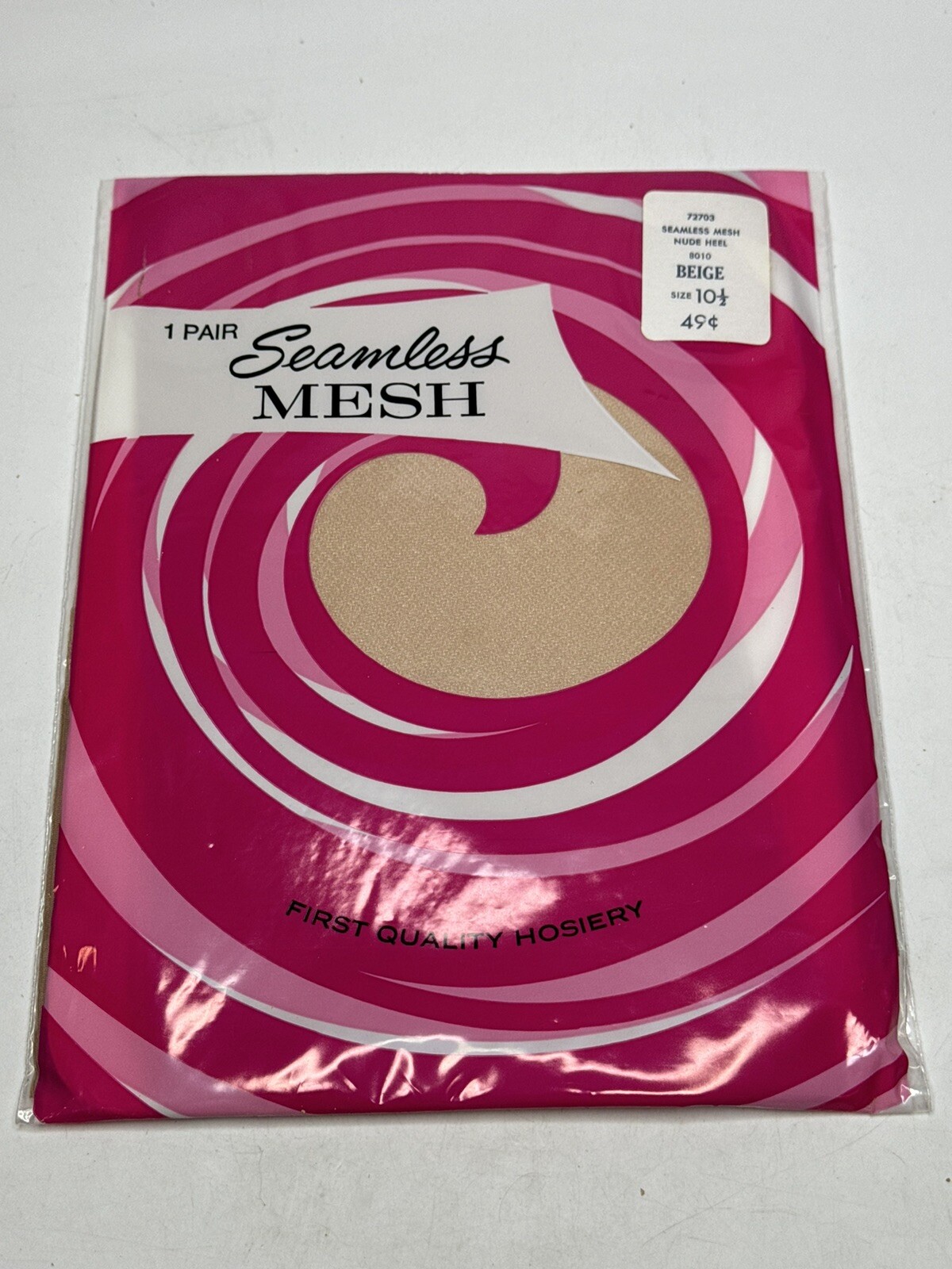 Vtg Seamless Mesh stockings 1 Pair Thigh High Stretch Nylon Size 10 1/2 Nude