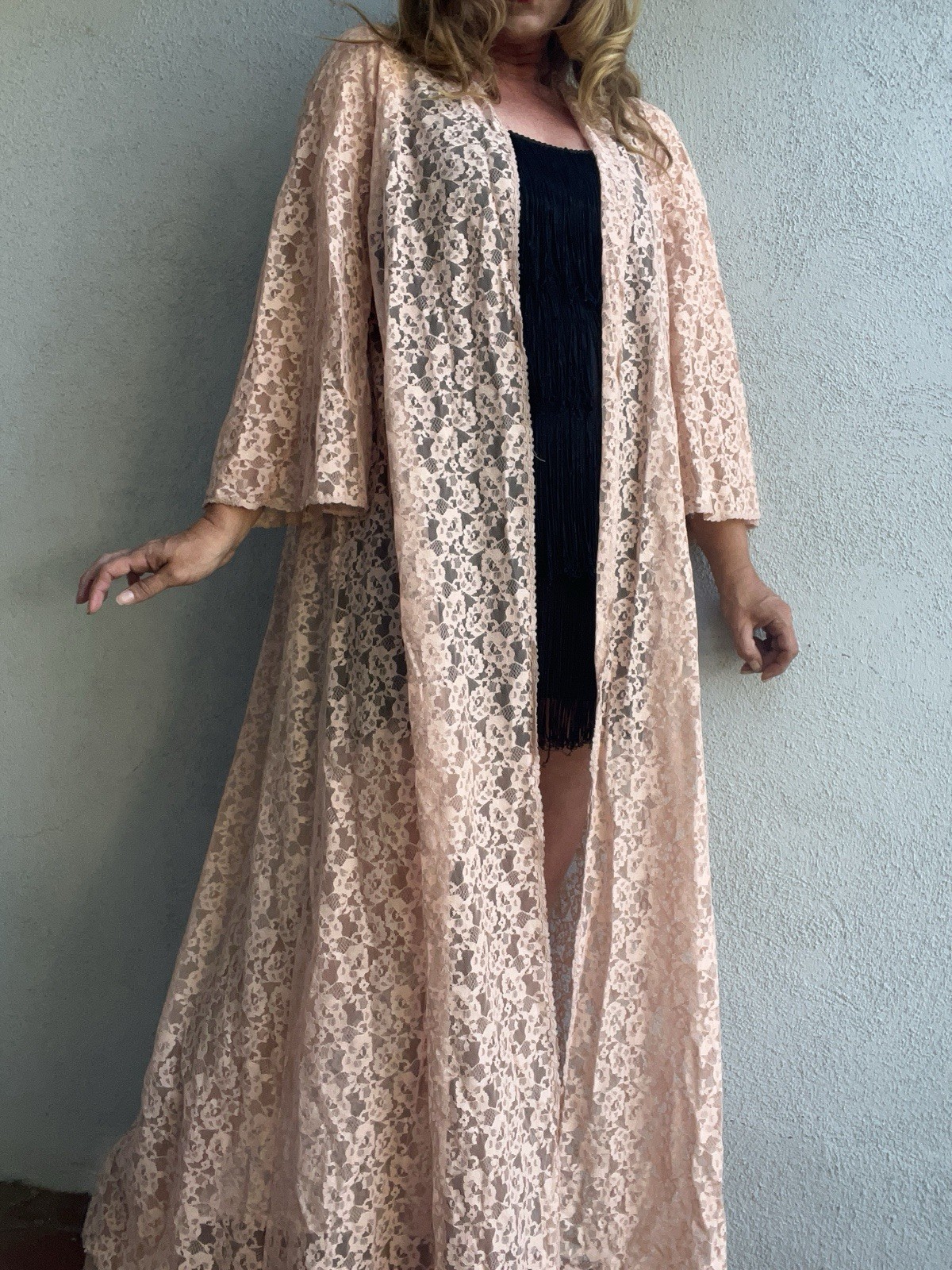 Rare VTG Olga 9120 Pink Lace Open Duster Robe Peignoir Full Length Boudoir M USA