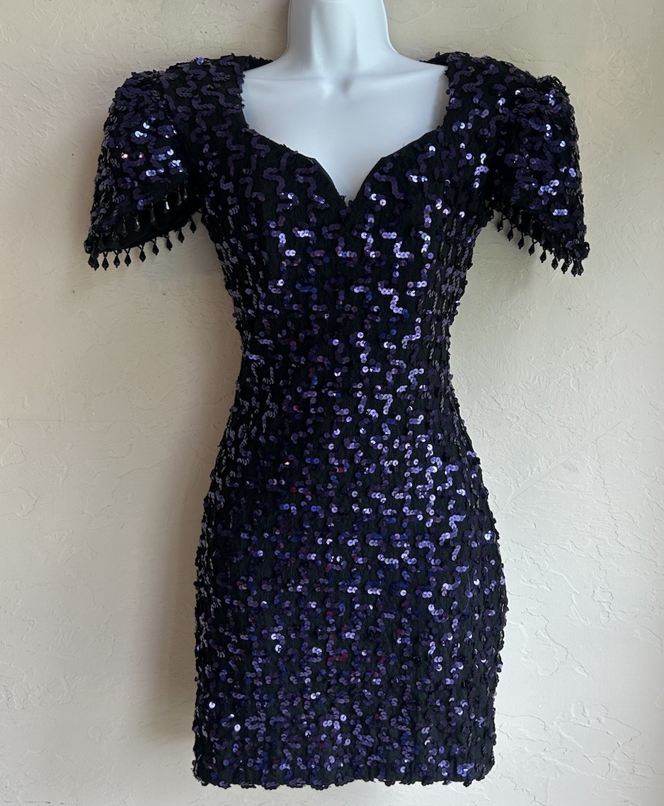 Vintage 80s Faviana Sequin Mini Dress 7 8 Beaded Glam Purple Black Party