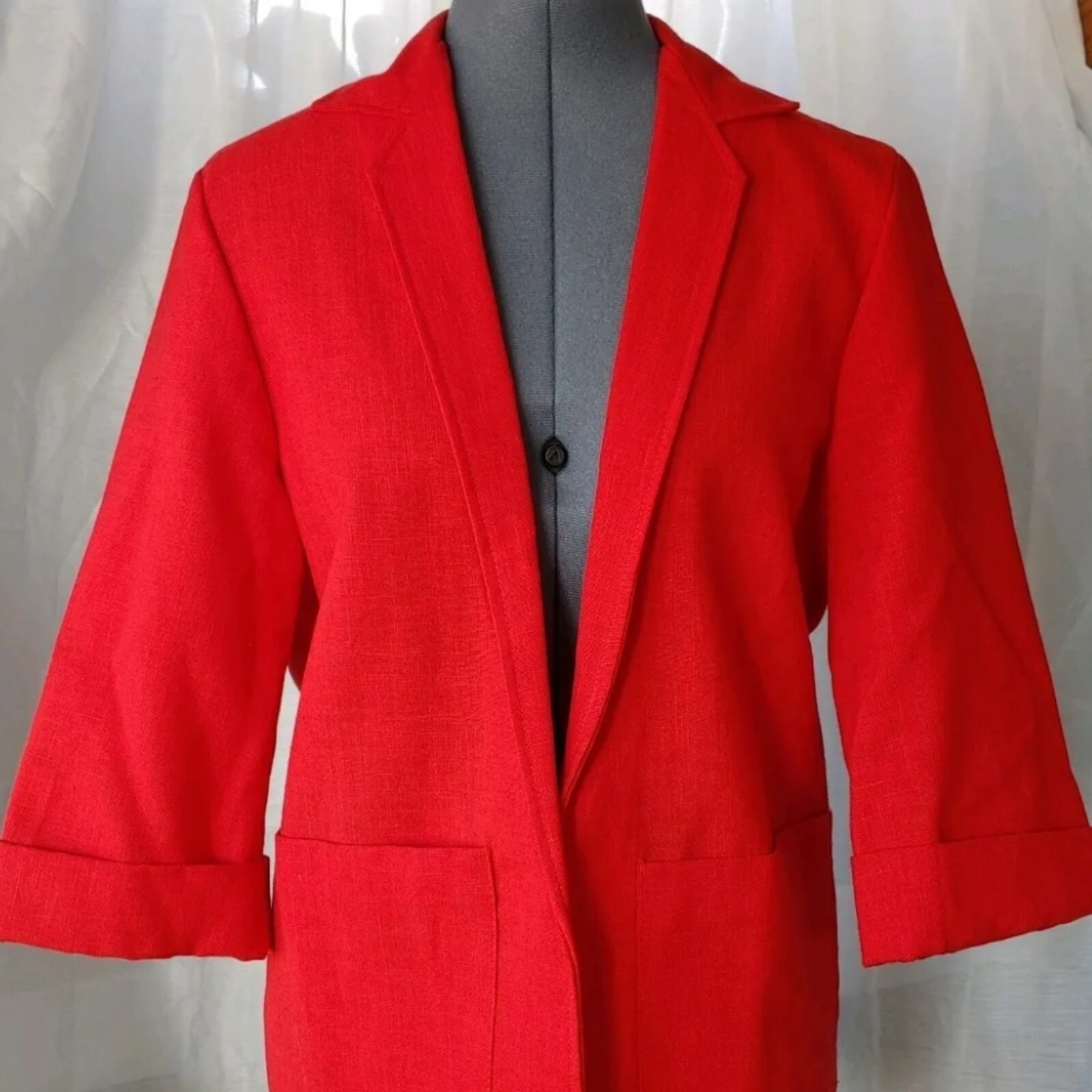 Vintage Alicia Red Linen Jacket with 3/4 Sleeves & Front Pockets Size Small