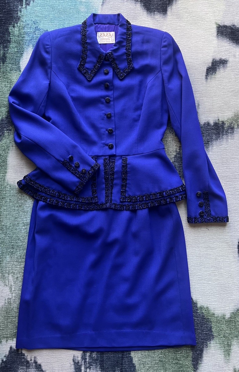 VTG 90s Purple Blue Wool Skirt Suit Set Bead Embroidery Peplum Jacket Size XS
