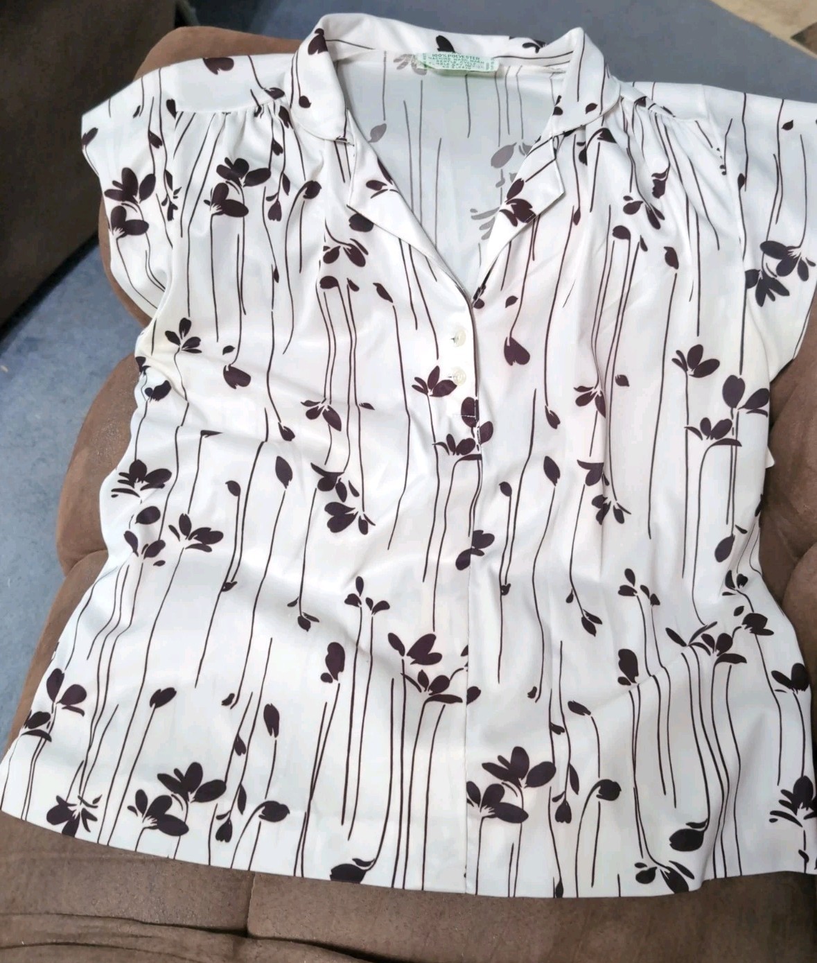 12P Vtg 70s Floral Collared Button Down 1/2 Micro Sleeve Blouse Shirt Size Med