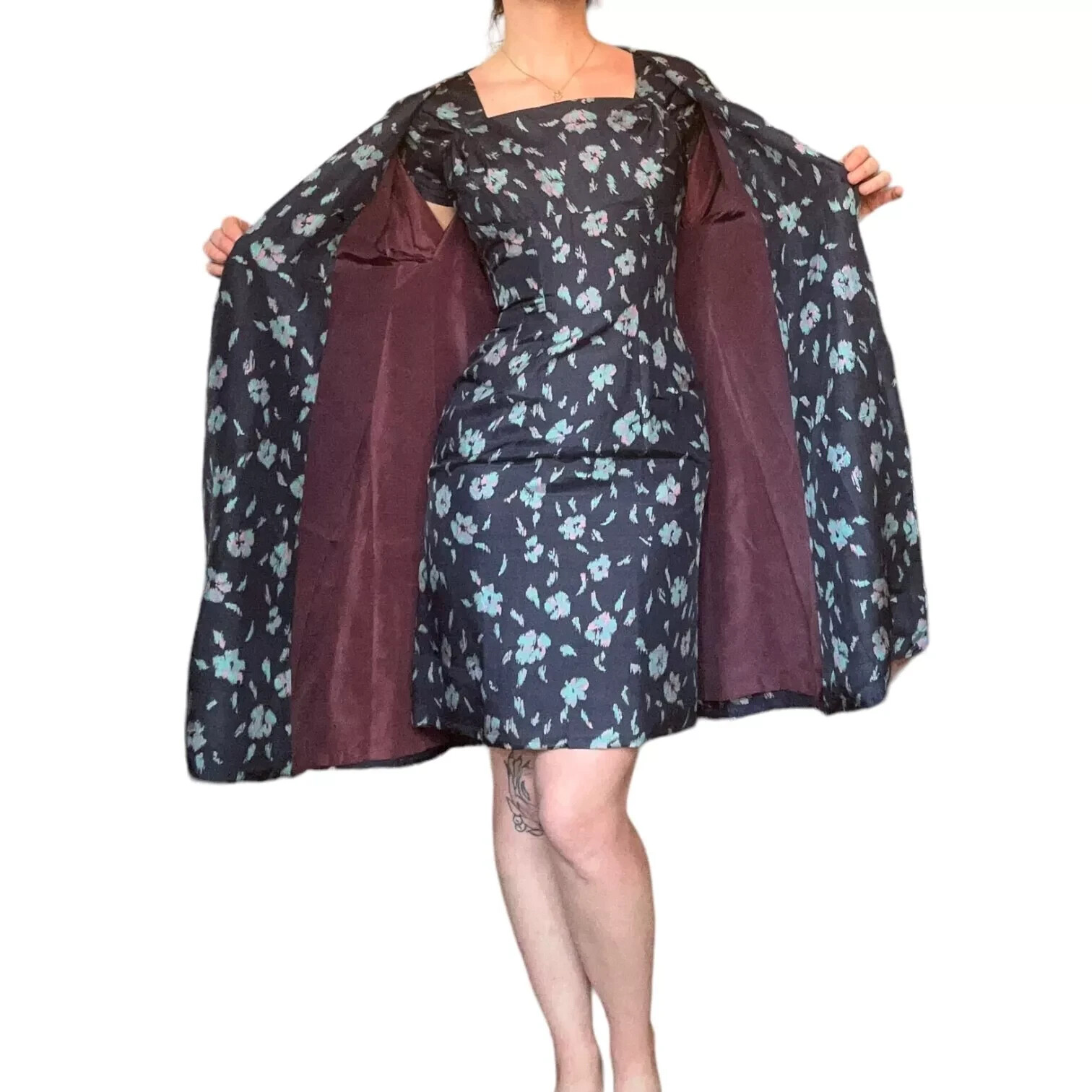 VTG 1950s ’60s Eleanor Green Silk Watercolor Floral Sheath Dress & Coat Set XS