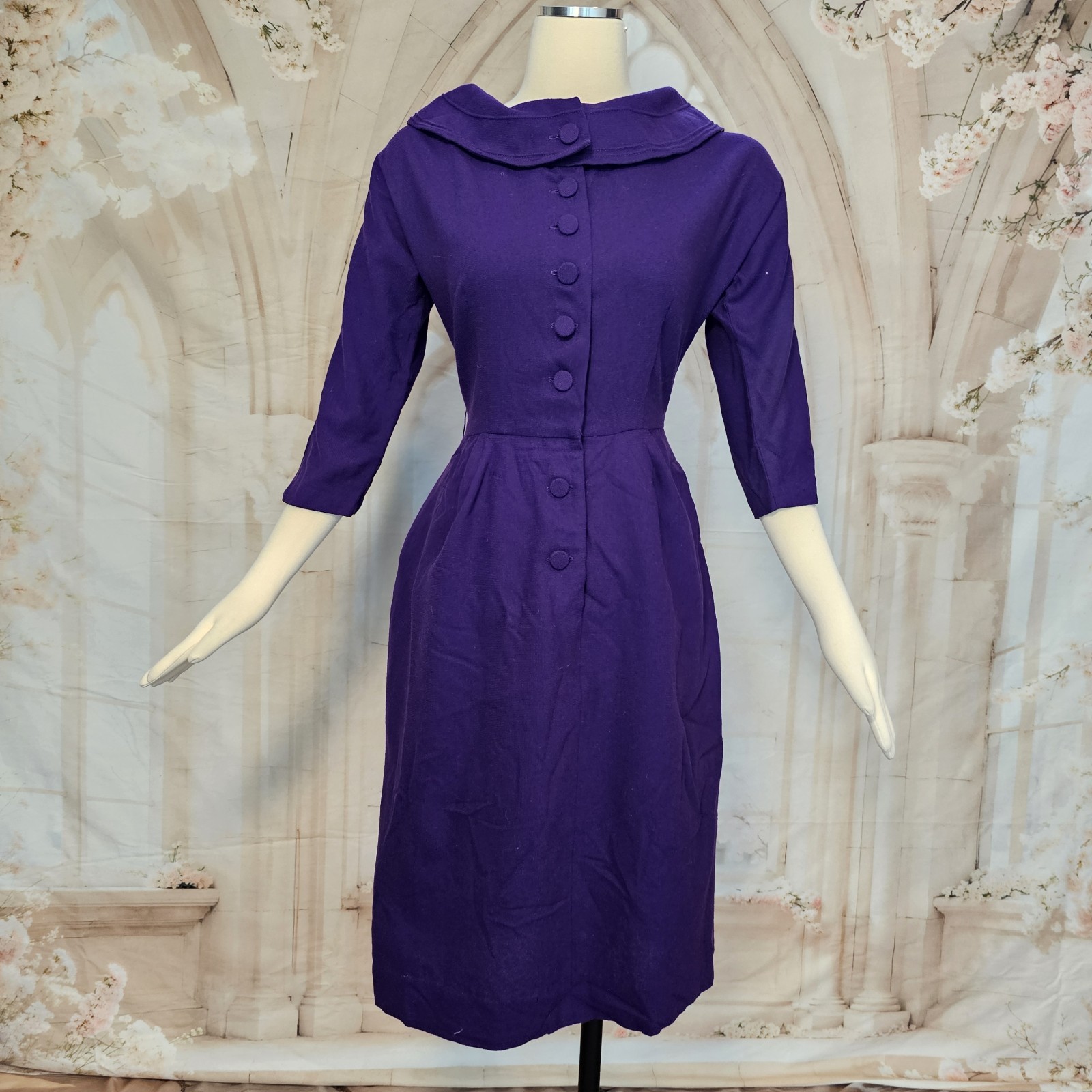 Vintage 1950s Fitted Wiggle Dress Wool Purple A Pomette Fashion Pinup Rockabilly