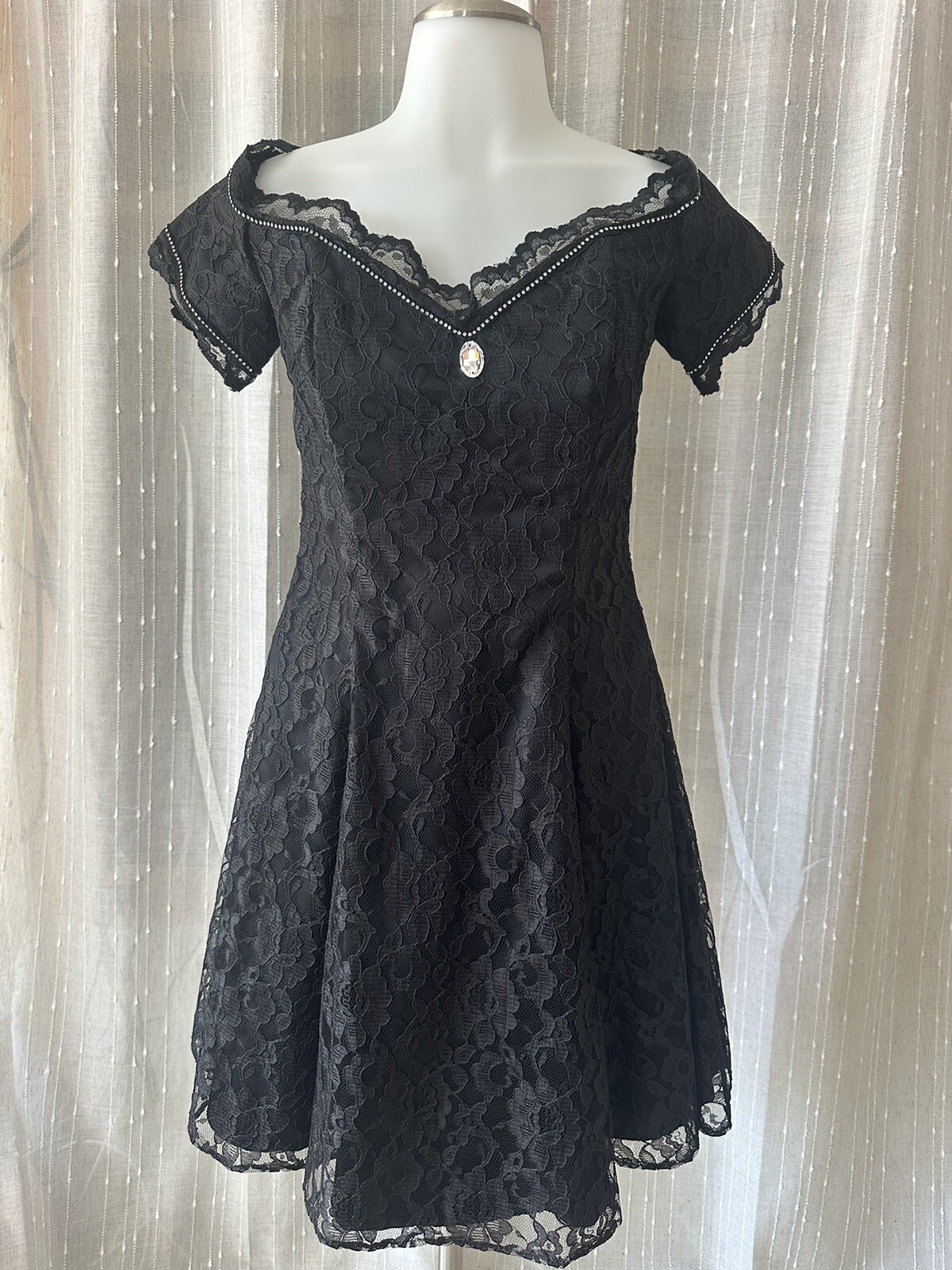 Gunne Sax Black Lace & Tulle Semi Formal Sz 9/10 Prom Party Dress Rhinestones