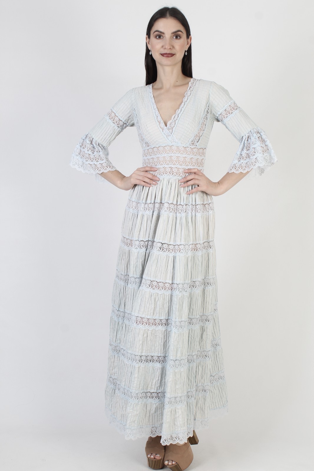 Mexican Pintuck Wedding Dress Vtg Blue Folklorico Puebla Bell Angel Sleeve Gown